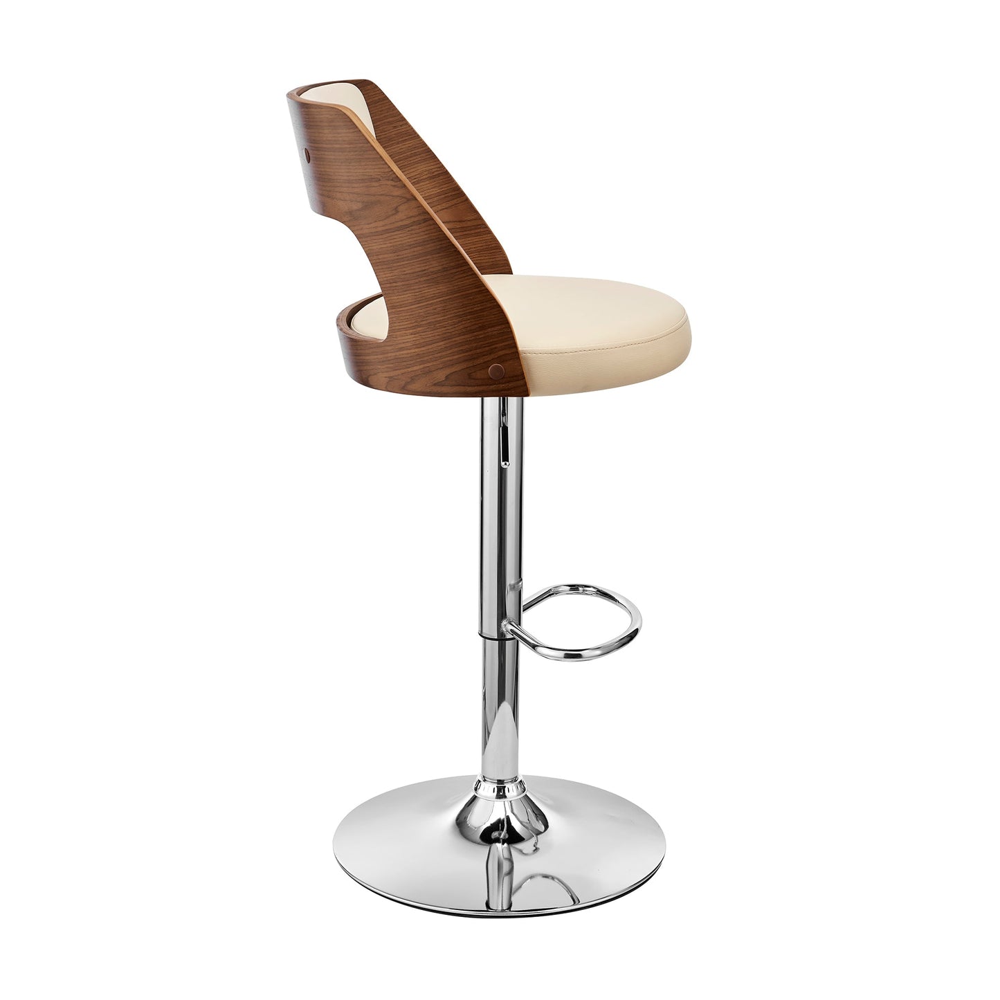 Paulo Adjustable Swivel Cream Faux Leather and Walnut Wood Bar Stool with Chrome Base