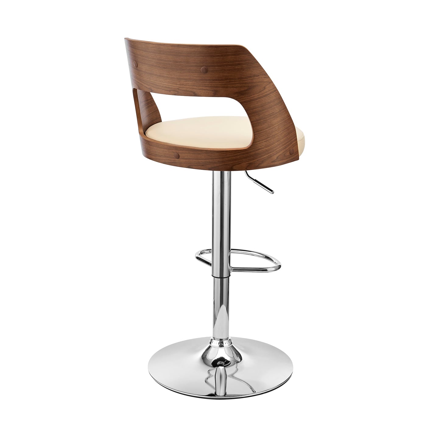 Paulo Adjustable Swivel Cream Faux Leather and Walnut Wood Bar Stool with Chrome Base