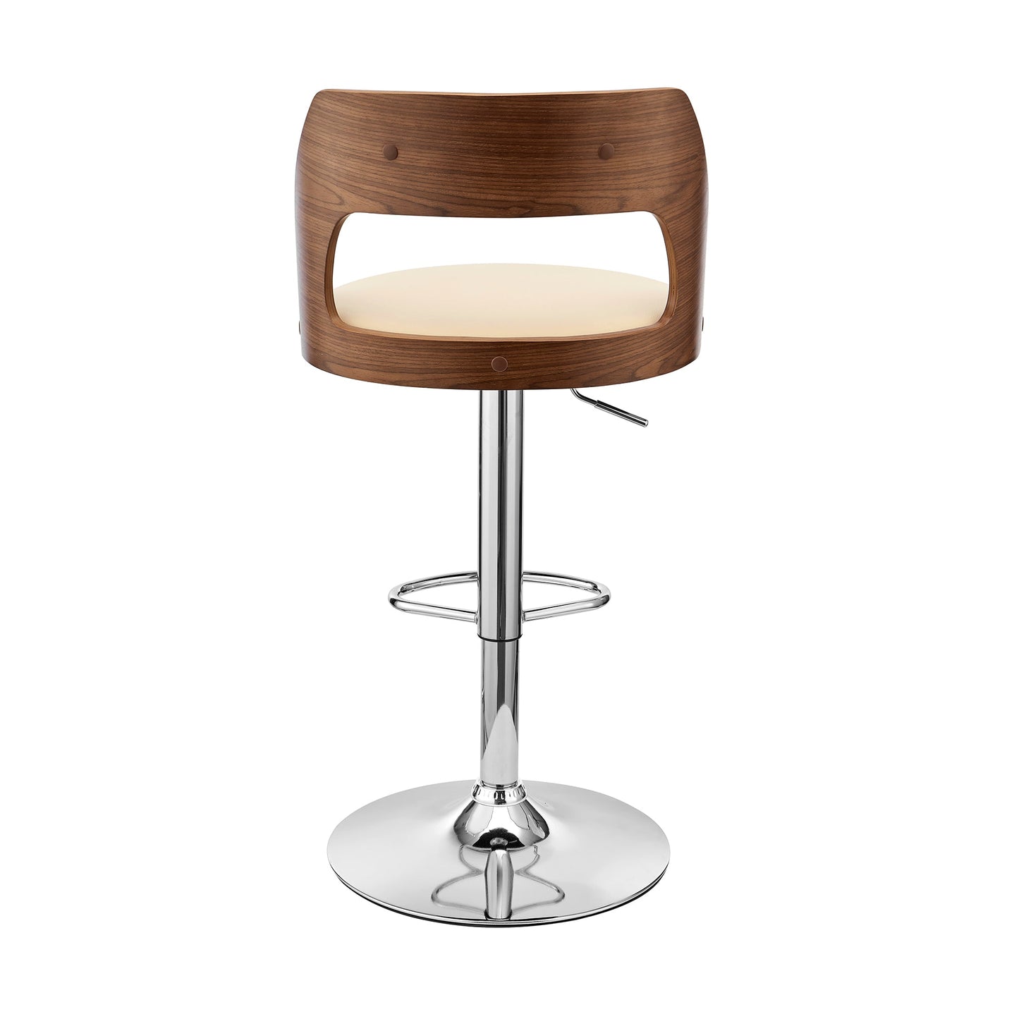 Paulo Adjustable Swivel Cream Faux Leather and Walnut Wood Bar Stool with Chrome Base