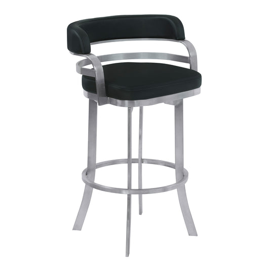 Prinz 26" Counter Height Swivel Black Faux Leather and Brushed Stainless Steel Bar Stool