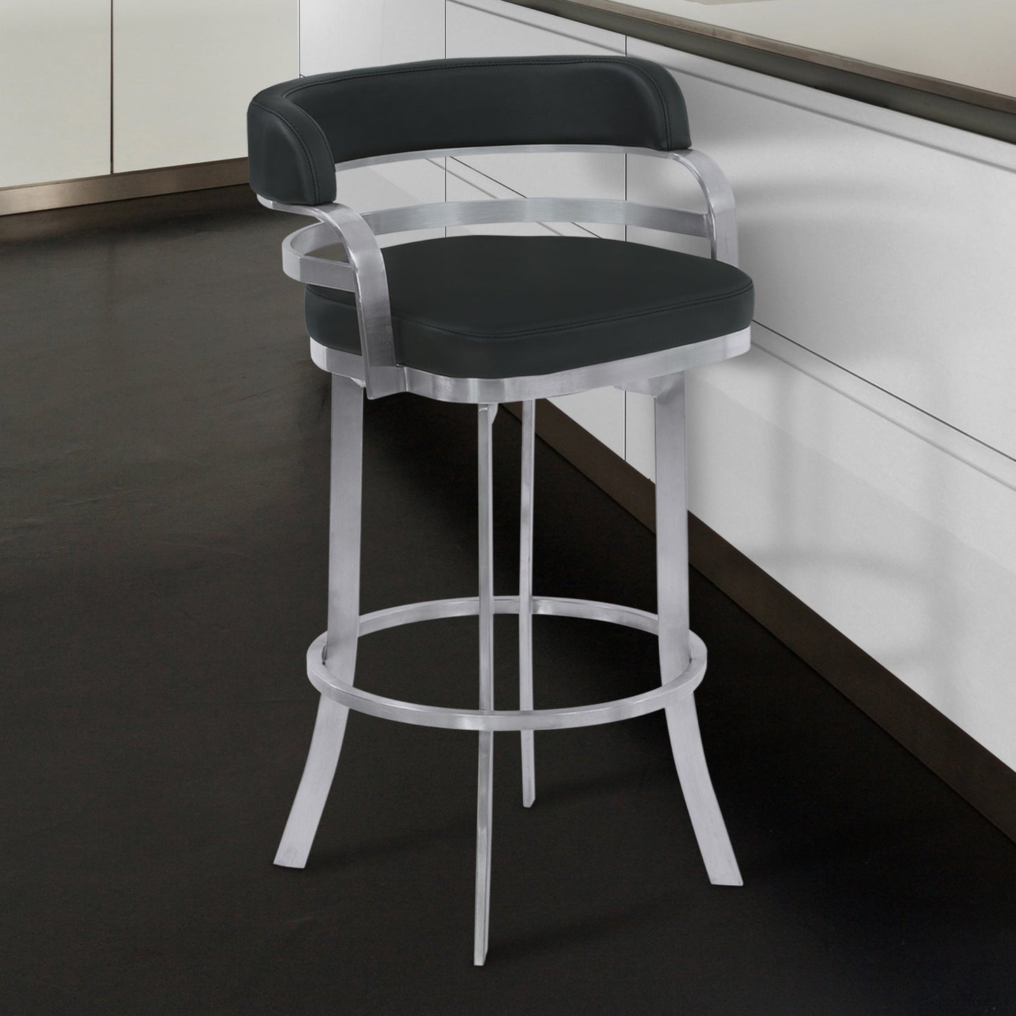 Prinz 26" Counter Height Swivel Black Faux Leather and Brushed Stainless Steel Bar Stool