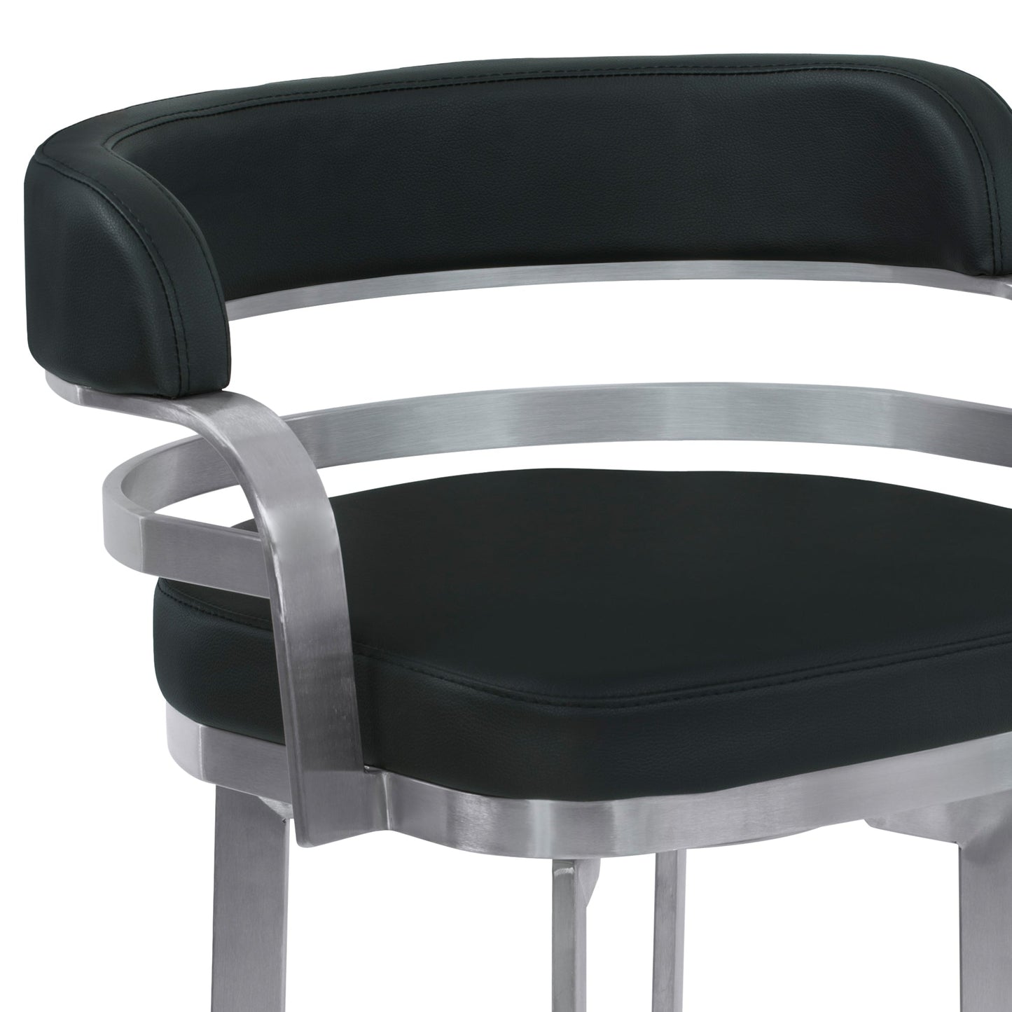 Prinz 30" Bar Height Swivel Black Faux Leather and Brushed Stainless Steel Bar Stool