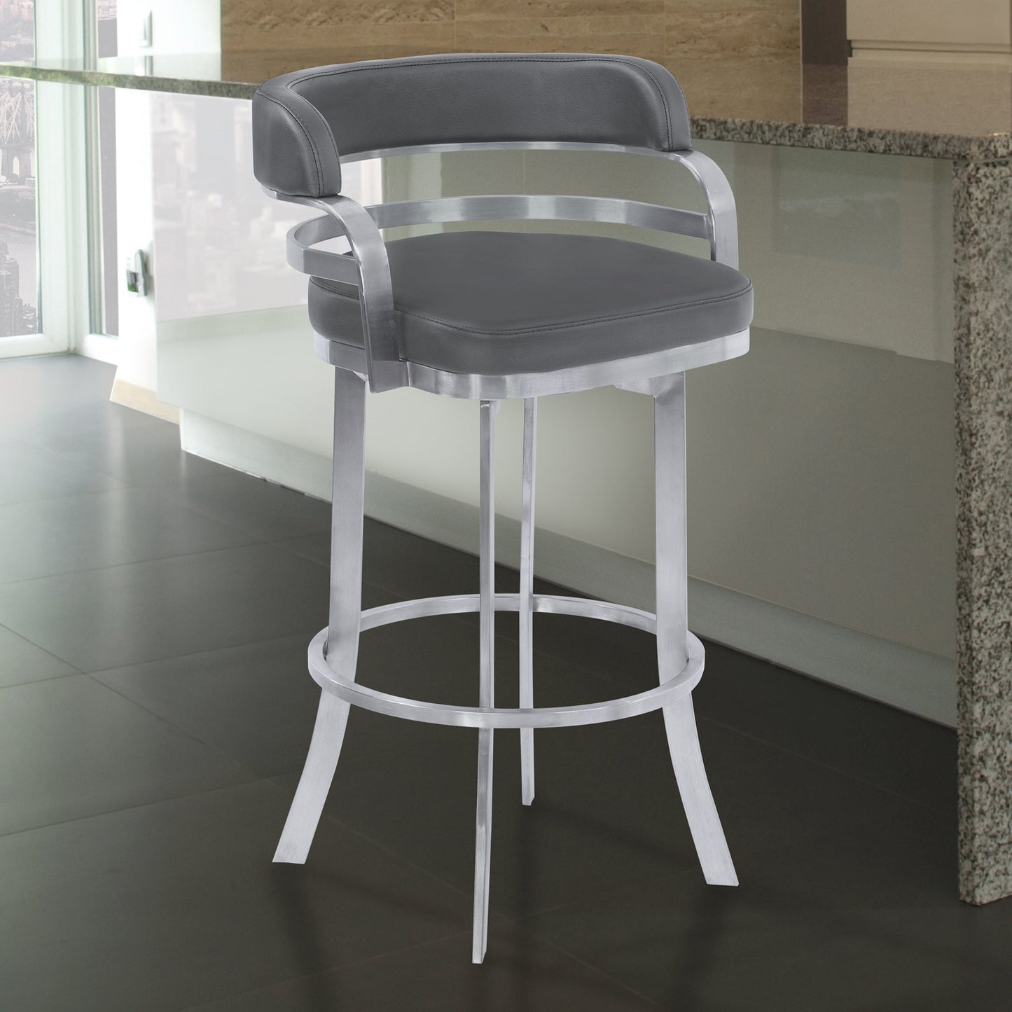 Prinz 26" Counter Height Swivel Gray Faux Leather and Brushed Stainless Steel Bar Stool