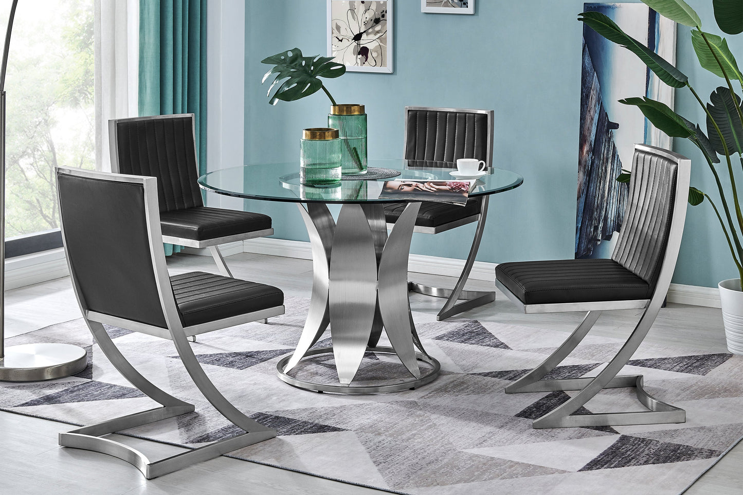 Petal Modern Glass and Stainless Steel Round Pedestal Dining Table