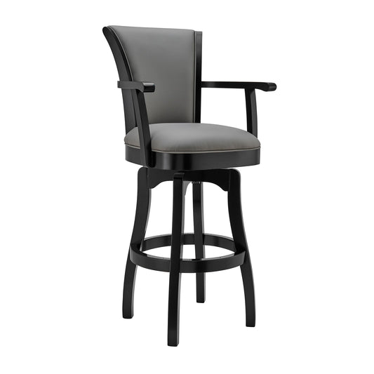 Raleigh 30" Bar Height Swivel Gray Faux Leather and Black Wood Arm Bar Stool