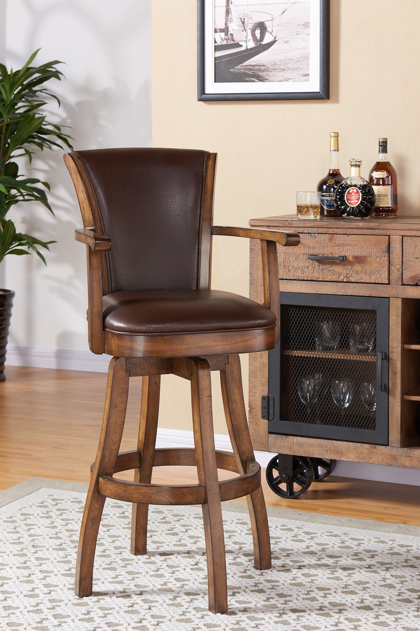 Raleigh 30" Bar Height Swivel Kahlua Faux Leather and Chestnut Wood Arm Bar Stool