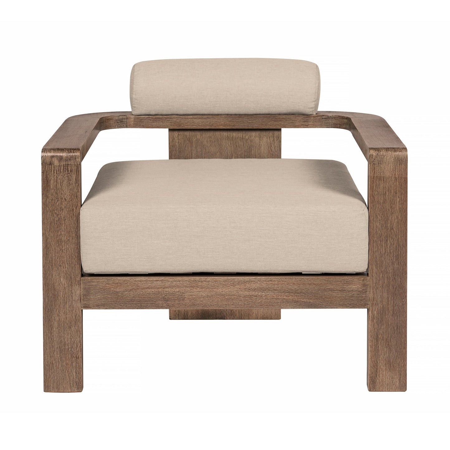 Relic Outdoor Patio Chair in Weathered Eucalyptus Wood with Taupe Olefin Cushions