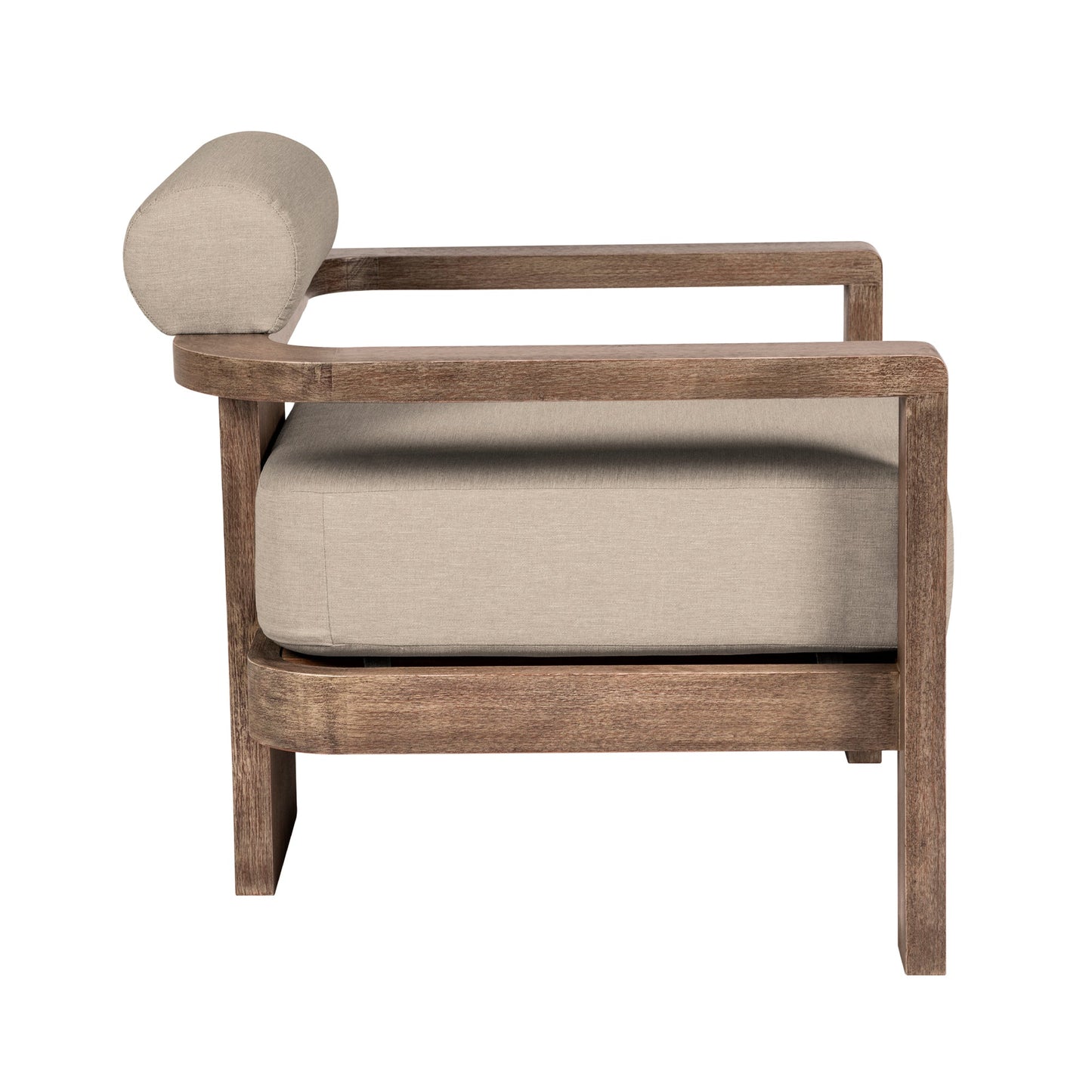 Relic Outdoor Patio Chair in Weathered Eucalyptus Wood with Taupe Olefin Cushions