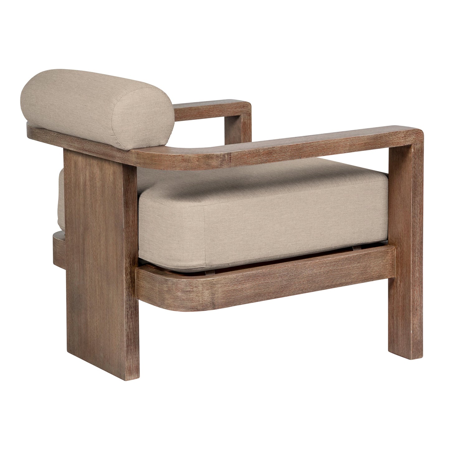 Relic Outdoor Patio Chair in Weathered Eucalyptus Wood with Taupe Olefin Cushions