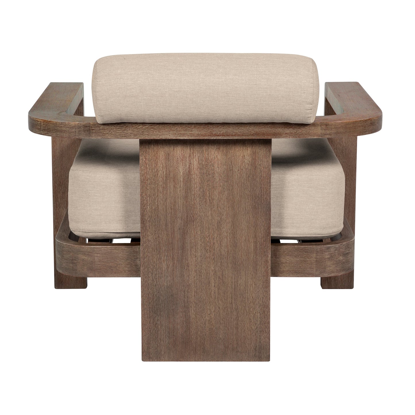 Relic Outdoor Patio Chair in Weathered Eucalyptus Wood with Taupe Olefin Cushions