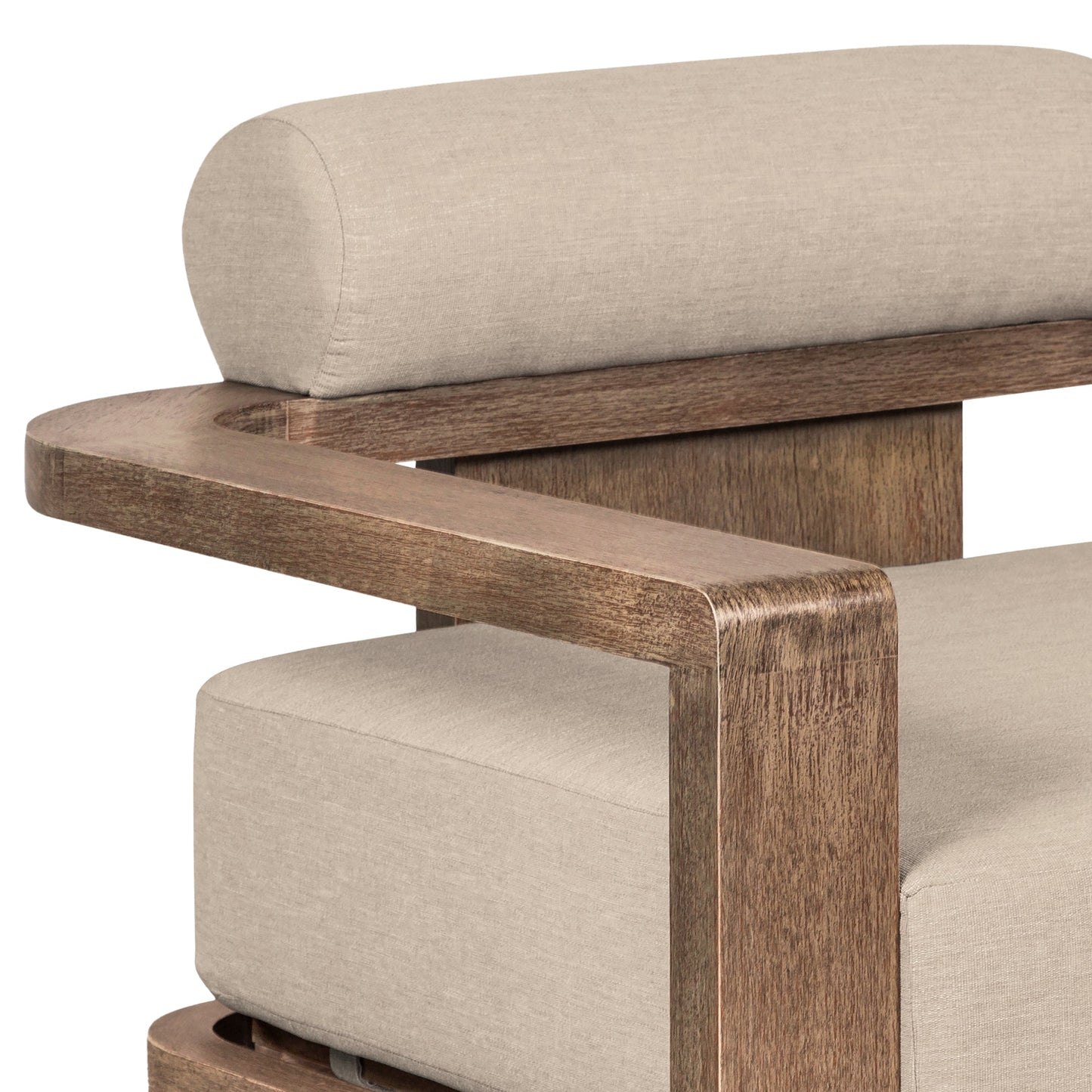 Relic Outdoor Patio Chair in Weathered Eucalyptus Wood with Taupe Olefin Cushions