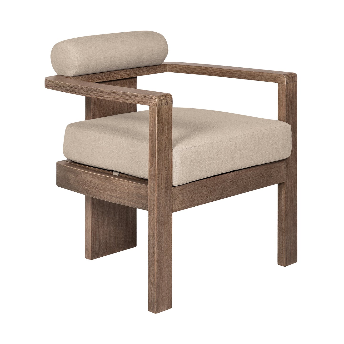 Relic Outdoor Patio Dining Chair in Weathered Eucalyptus Wood with Taupe Olefin Cushions