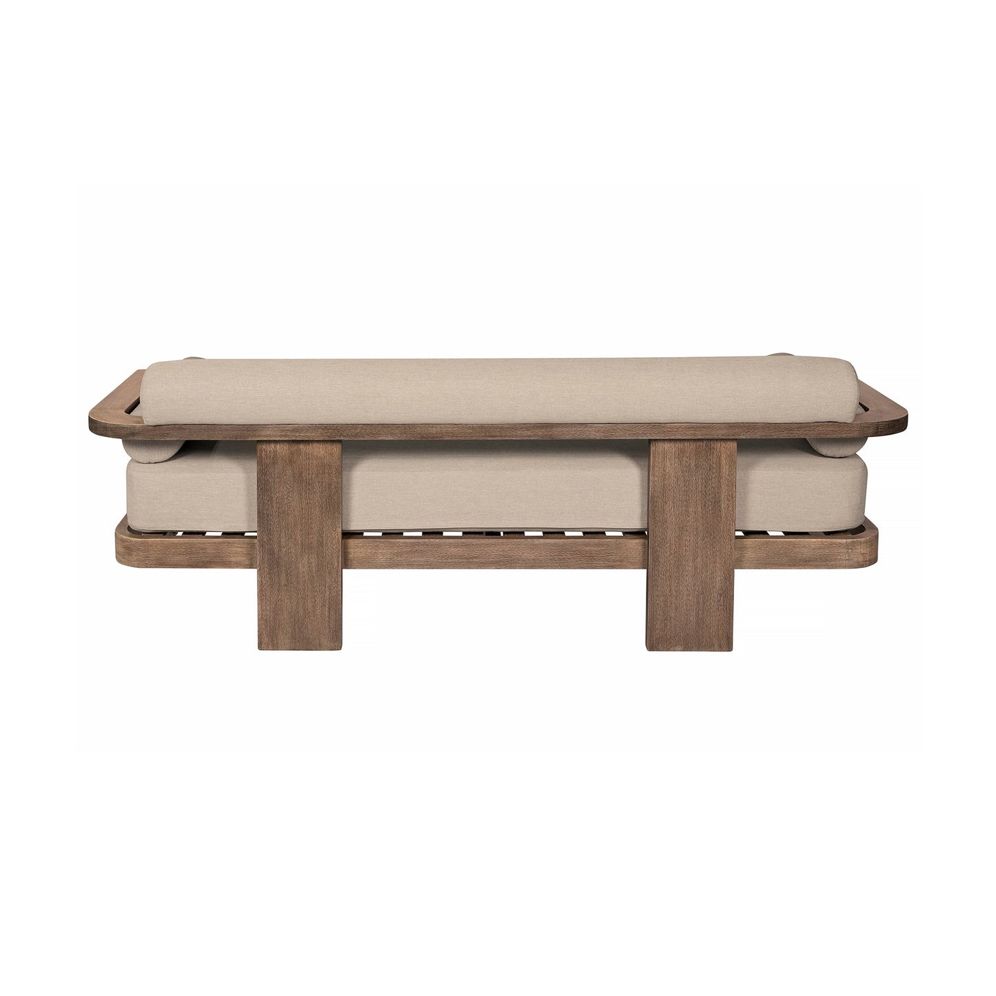 Relic Outdoor Patio Sofa in Weathered Eucalyptus Wood with Taupe Olefin Cushions