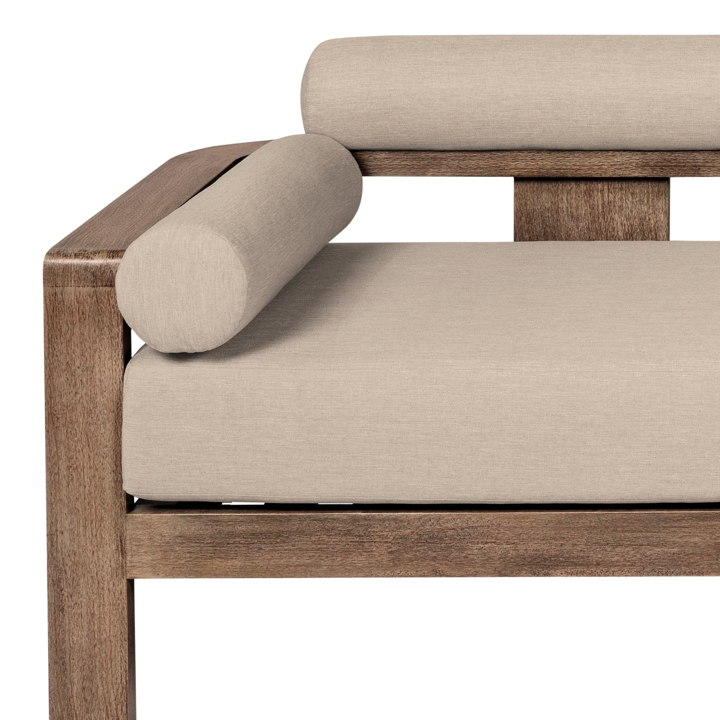 Relic Outdoor Patio Sofa in Weathered Eucalyptus Wood with Taupe Olefin Cushions