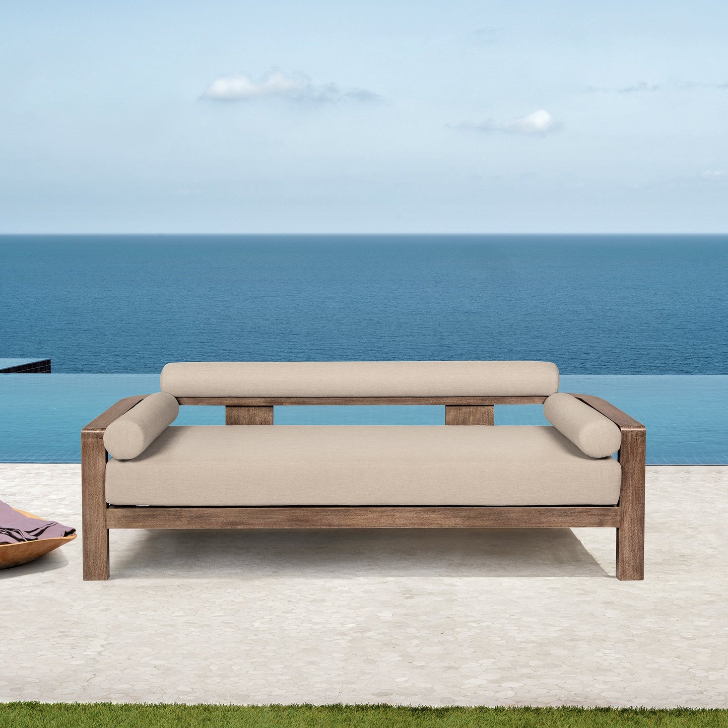 Relic Outdoor Patio Sofa in Weathered Eucalyptus Wood with Taupe Olefin Cushions