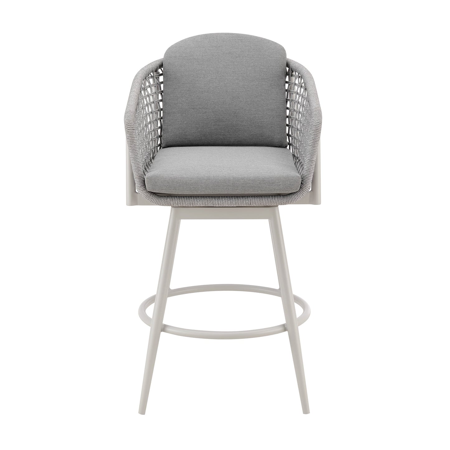 Rhodes Outdoor Patio Swivel Counter Stool in Aluminum with Light Gray Rope and Cushions