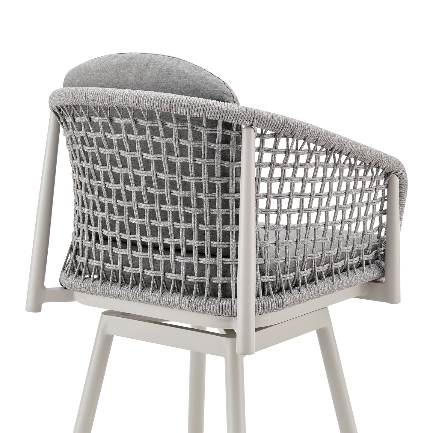 Rhodes Outdoor Patio Swivel Counter Stool in Aluminum with Light Gray Rope and Cushions