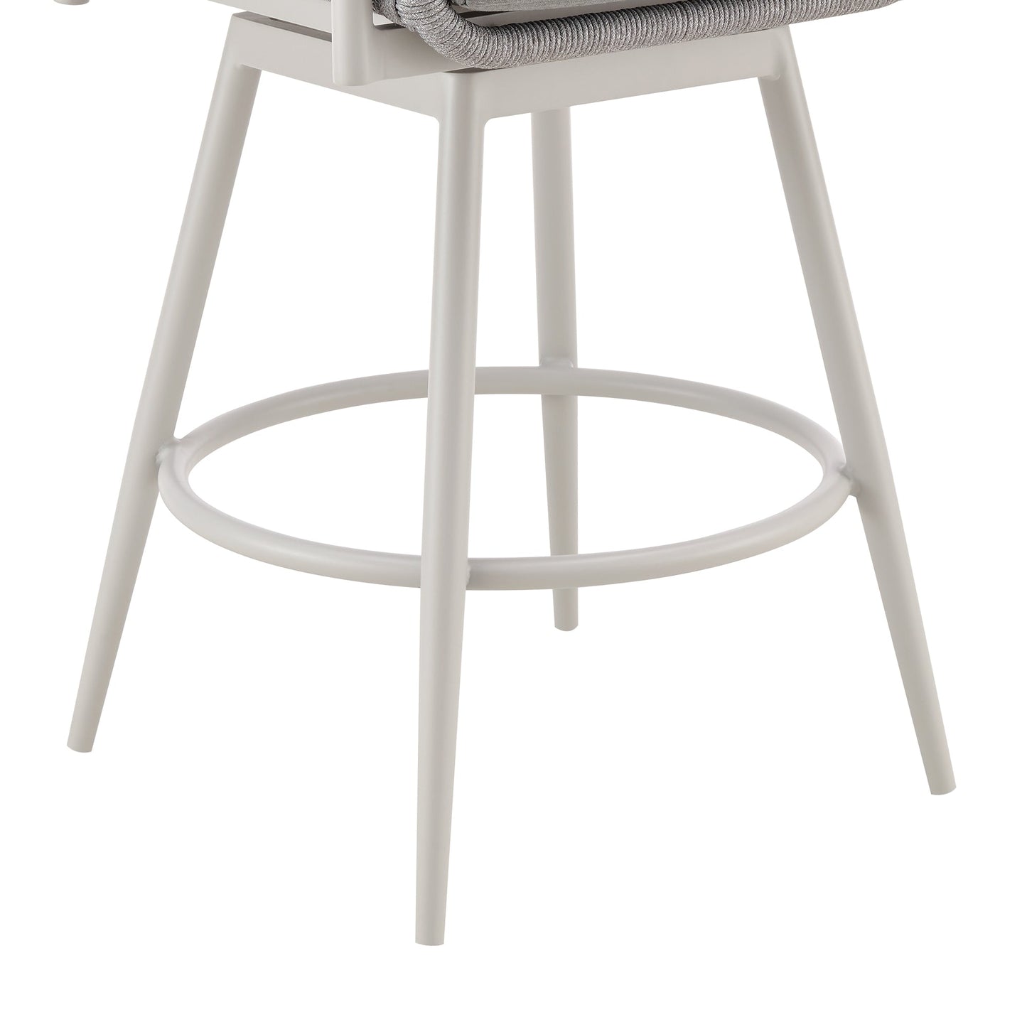 Rhodes Outdoor Patio Swivel Counter Stool in Aluminum with Light Gray Rope and Cushions