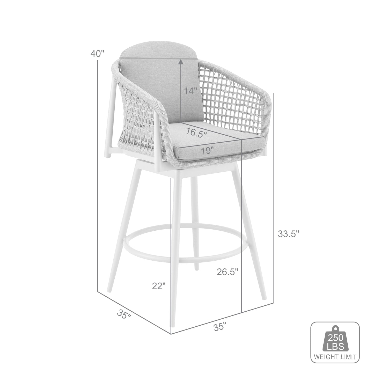 Rhodes Outdoor Patio Swivel Counter Stool in Aluminum with Light Gray Rope and Cushions