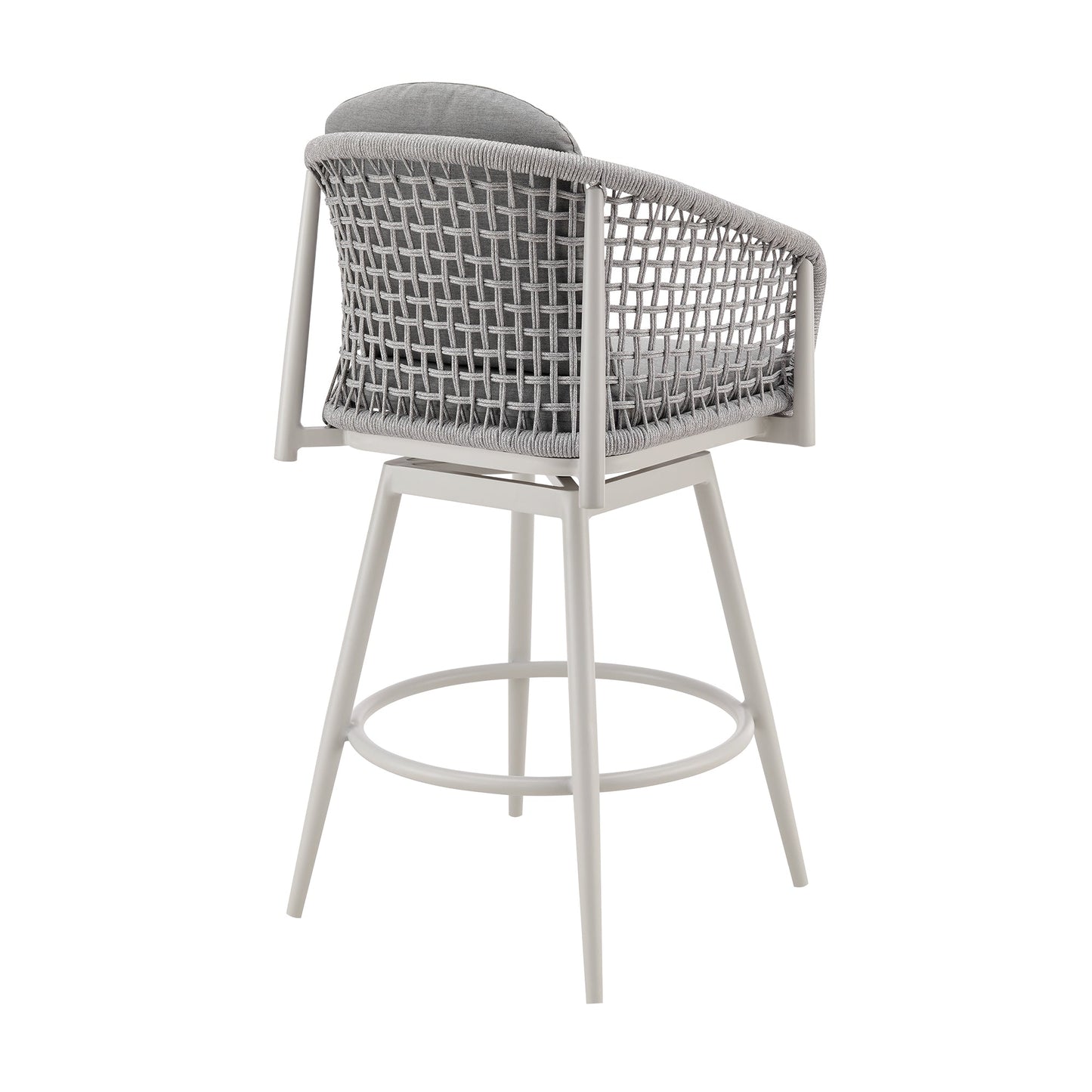 Rhodes Outdoor Patio Swivel Bar Stool in Aluminum with Light Gray Rope and Cushions