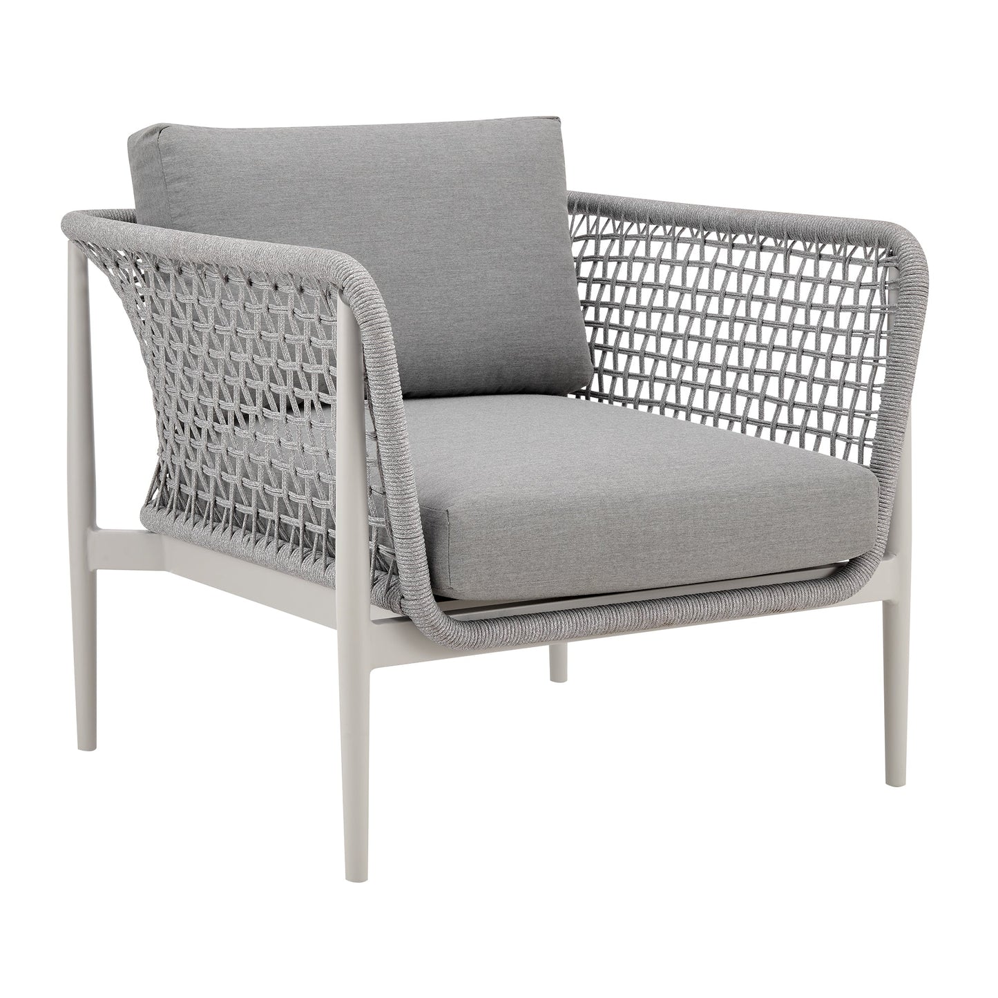 Rhodes Outdoor Patio Armchair in Aluminum with Light Gray Rope and Cushions