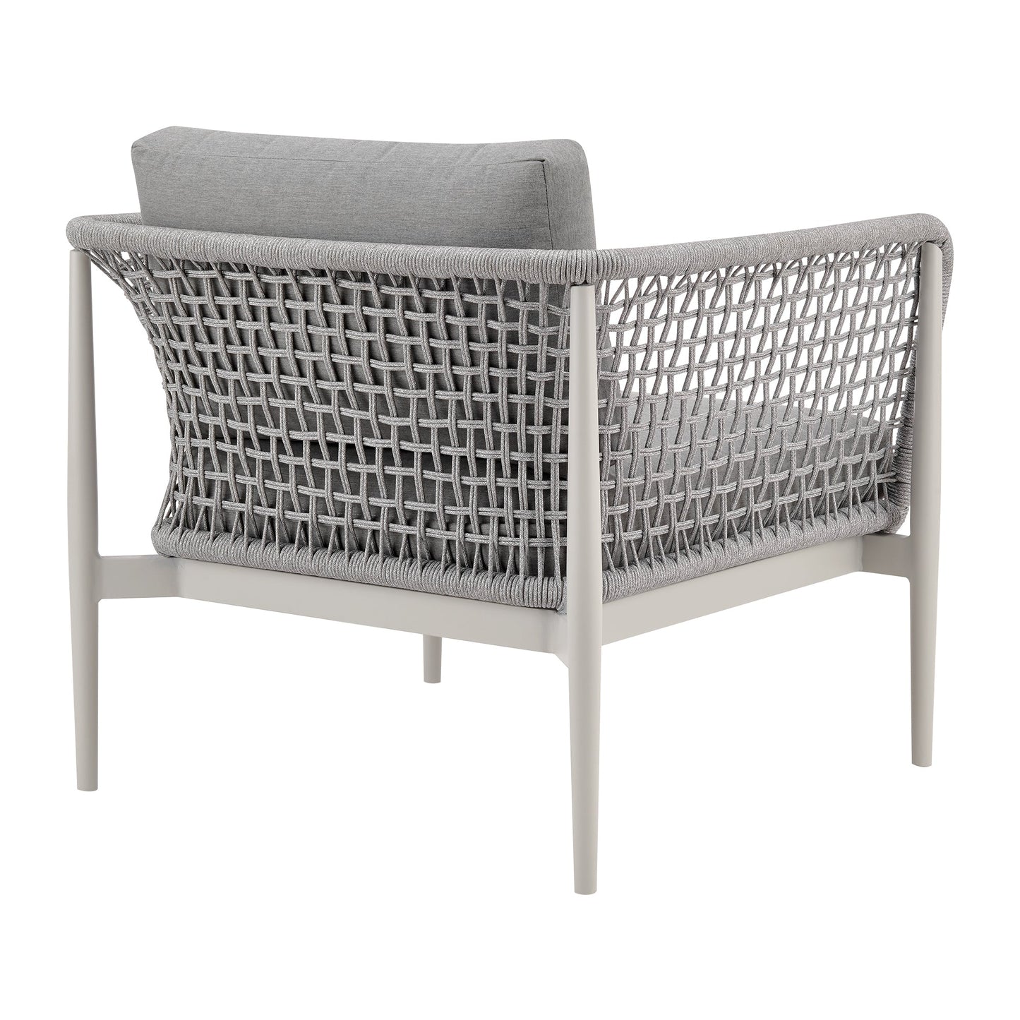 Rhodes Outdoor Patio Armchair in Aluminum with Light Gray Rope and Cushions