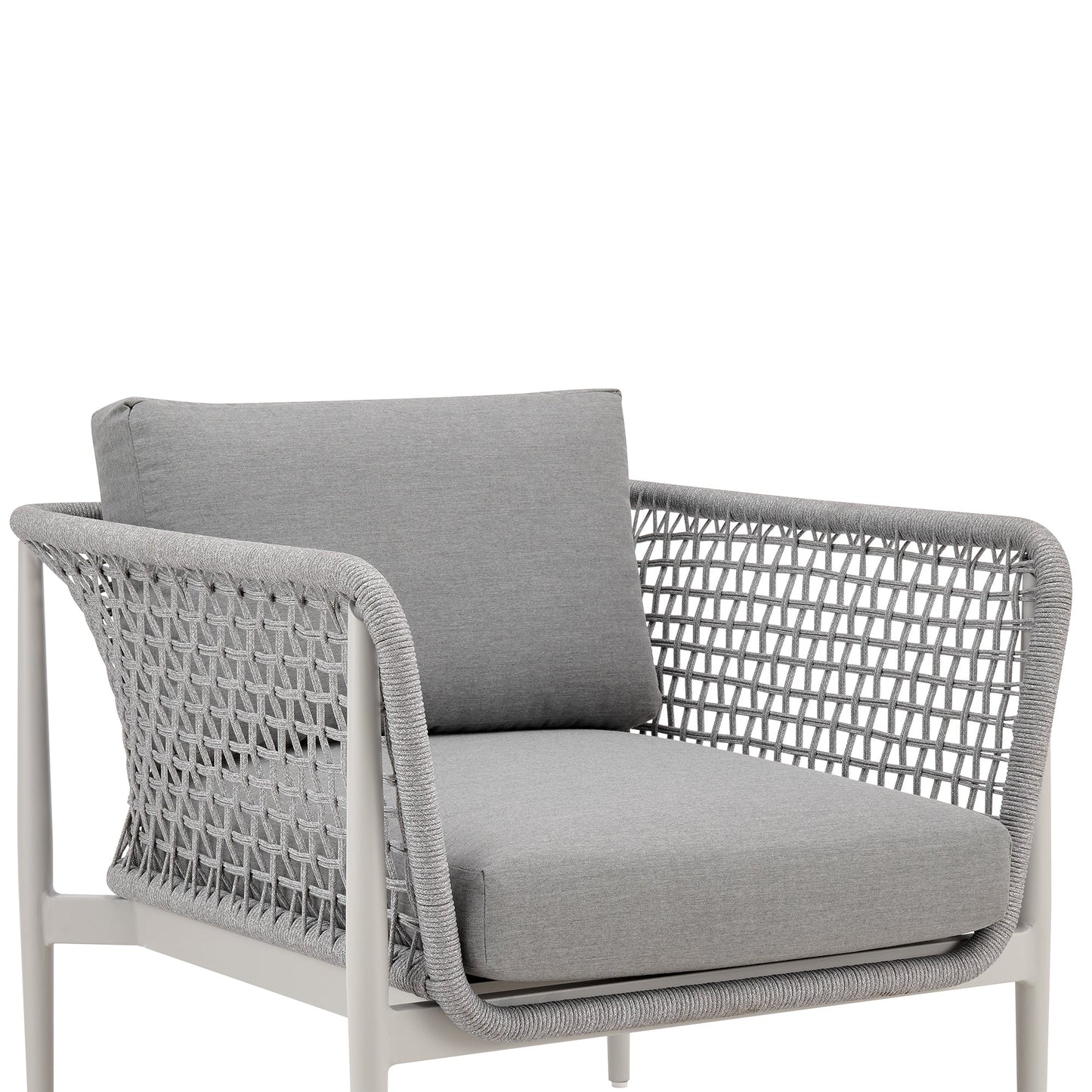 Rhodes Outdoor Patio Armchair in Aluminum with Light Gray Rope and Cushions