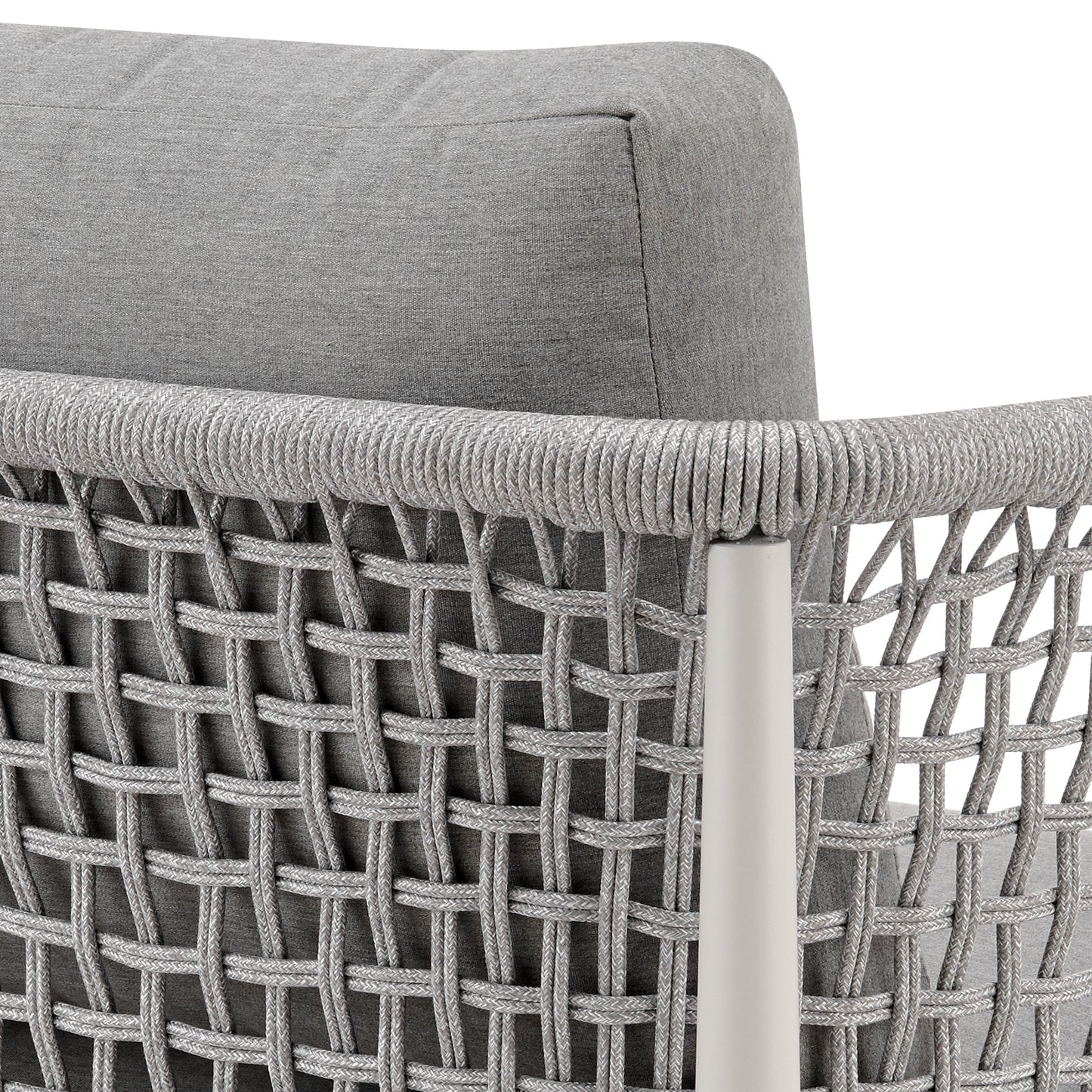 Rhodes Outdoor Patio Armchair in Aluminum with Light Gray Rope and Cushions