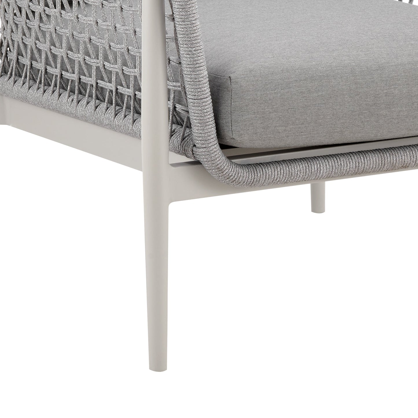 Rhodes Outdoor Patio Armchair in Aluminum with Light Gray Rope and Cushions