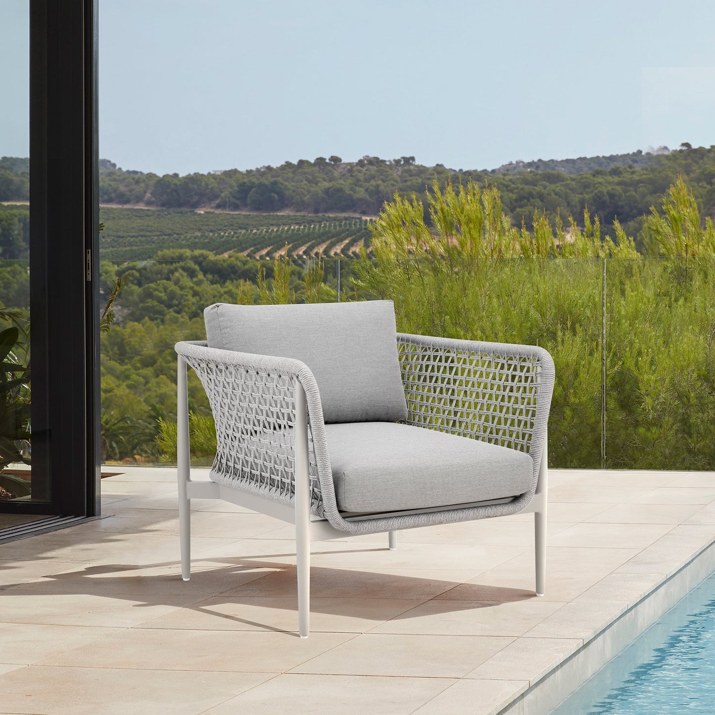 Rhodes Outdoor Patio Armchair in Aluminum with Light Gray Rope and Cushions