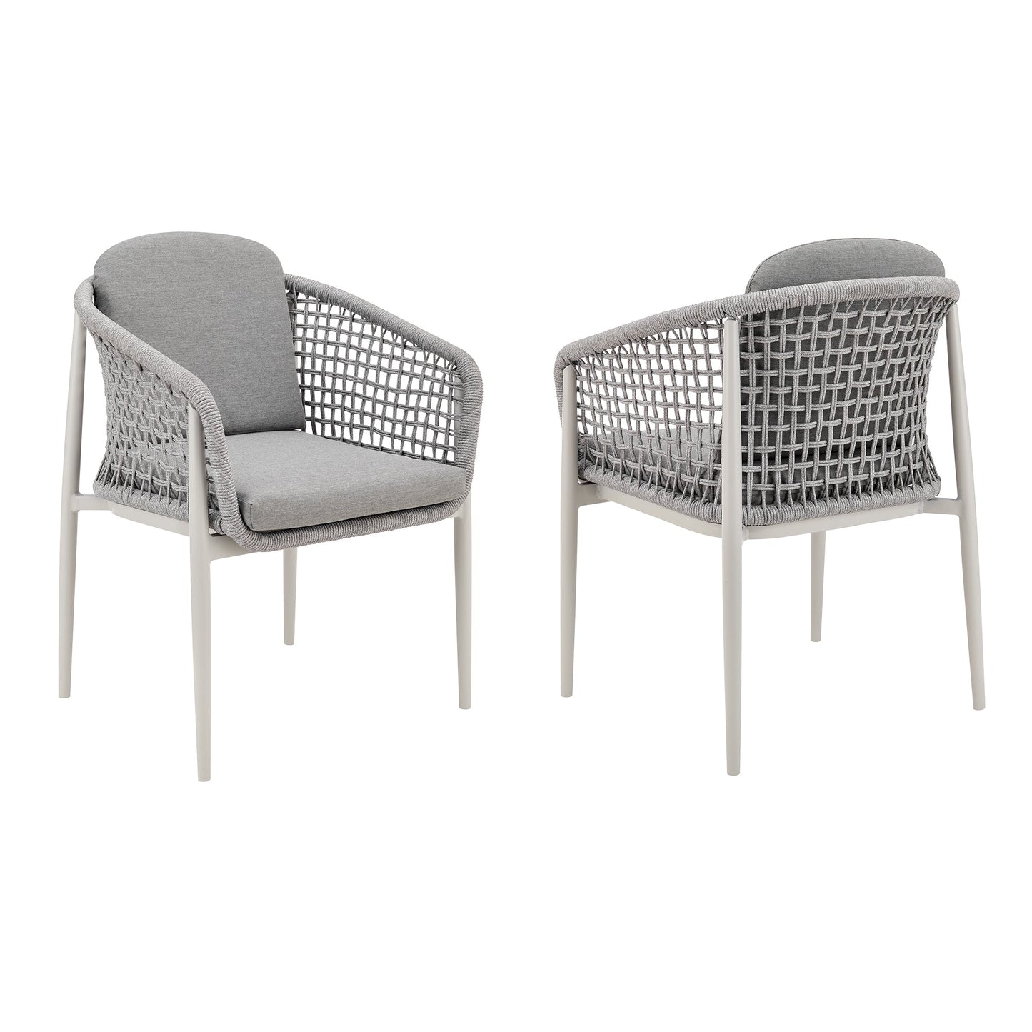 Rhodes Outdoor Patio Dining Chair in Aluminum with Light Gray Rope and Cushions - Set of 2