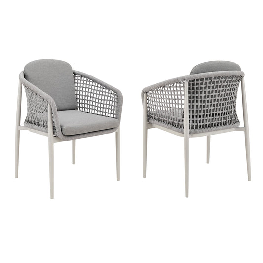 Rhodes Outdoor Patio Dining Chair in Aluminum with Light Gray Rope and Cushions - Set of 2