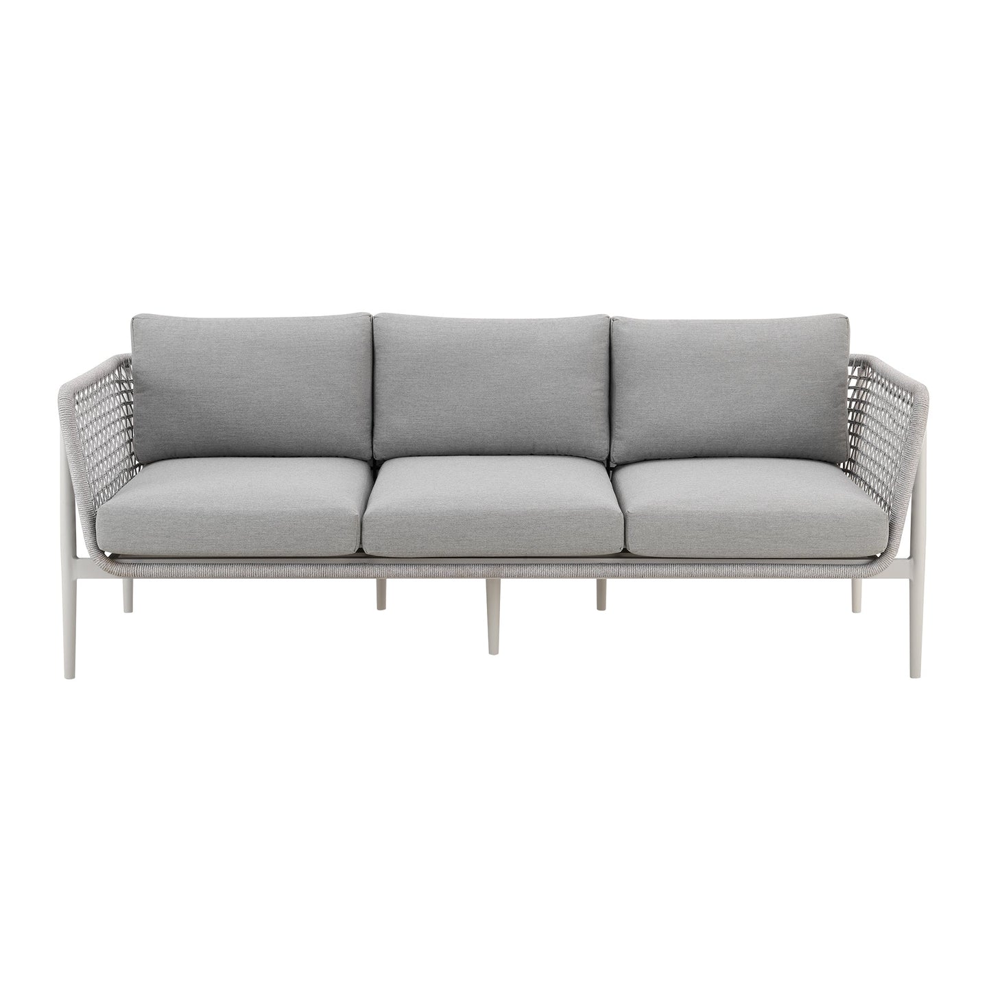 Rhodes Outdoor Patio Sofa in Aluminum with Light Gray Rope and Cushions