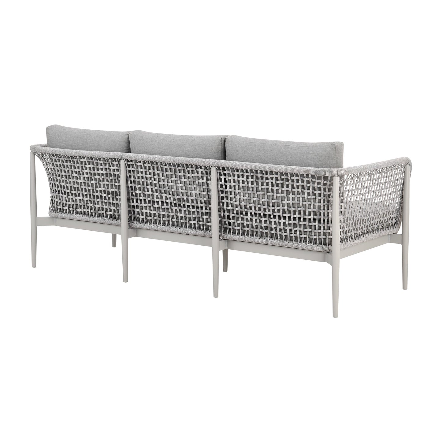 Rhodes Outdoor Patio Sofa in Aluminum with Light Gray Rope and Cushions