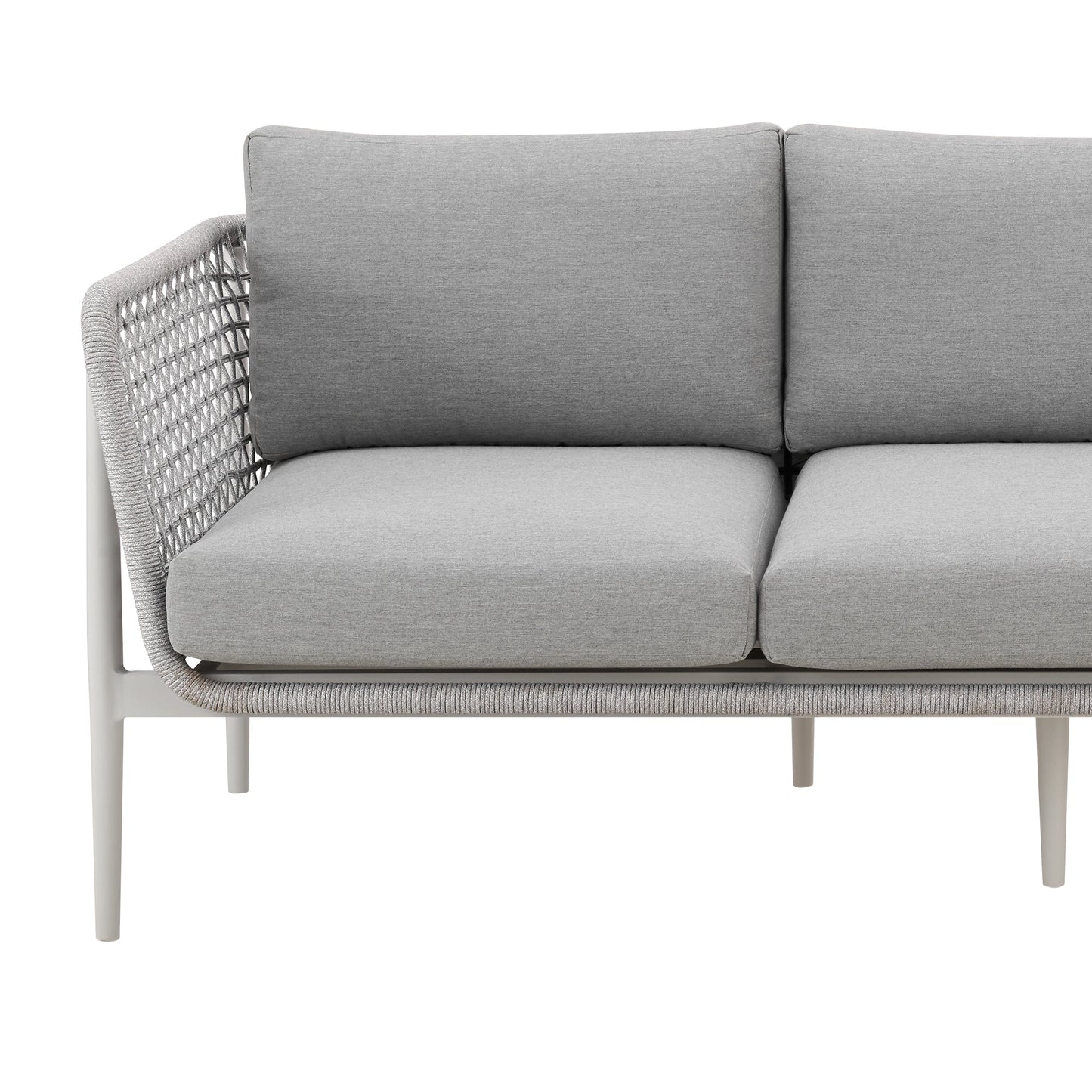 Rhodes Outdoor Patio Sofa in Aluminum with Light Gray Rope and Cushions