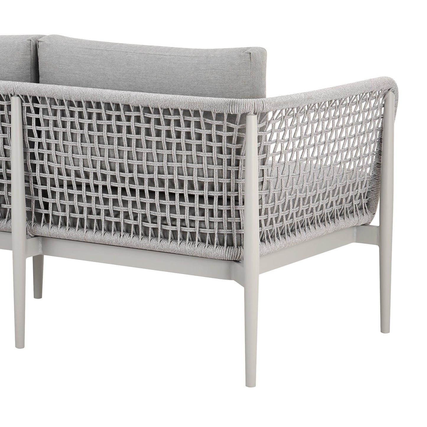 Rhodes Outdoor Patio Sofa in Aluminum with Light Gray Rope and Cushions