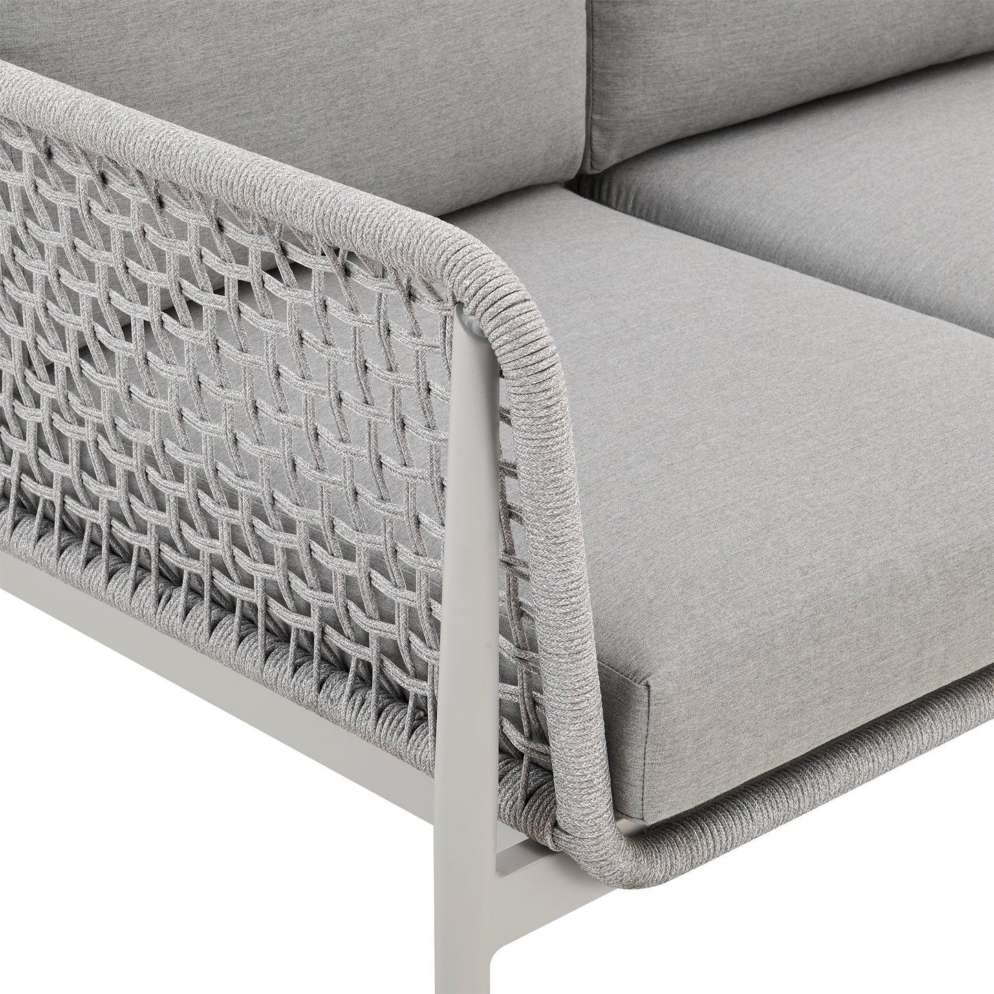 Rhodes Outdoor Patio Sofa in Aluminum with Light Gray Rope and Cushions