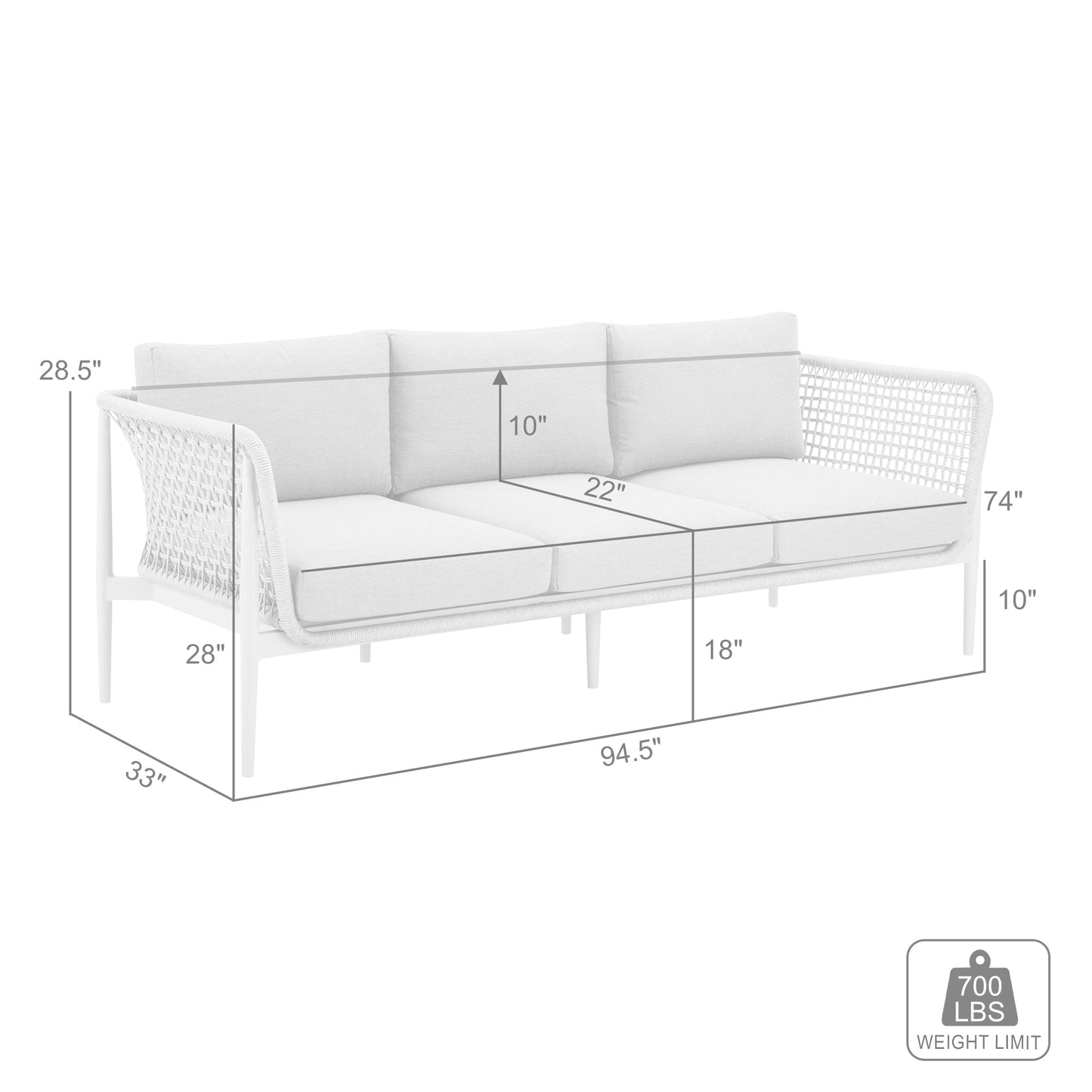 Rhodes Outdoor Patio Sofa in Aluminum with Light Gray Rope and Cushions