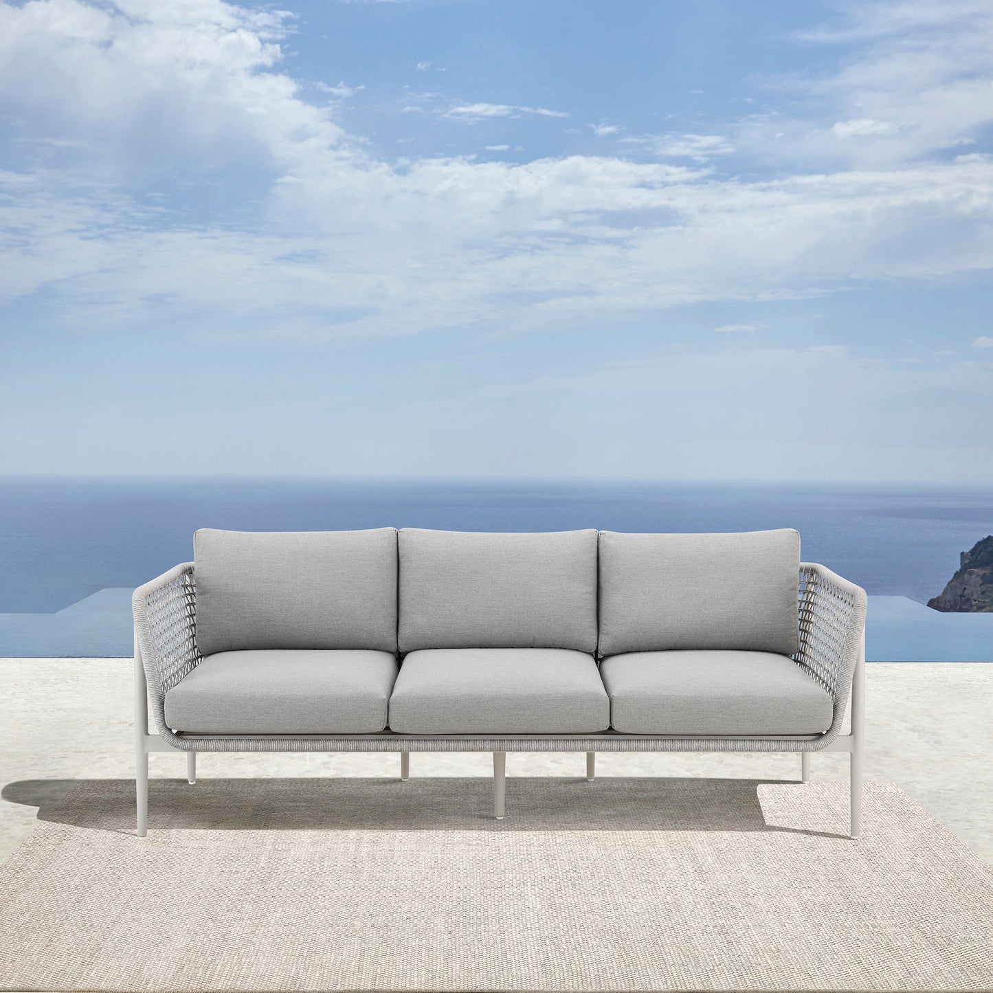 Rhodes Outdoor Patio Sofa in Aluminum with Light Gray Rope and Cushions