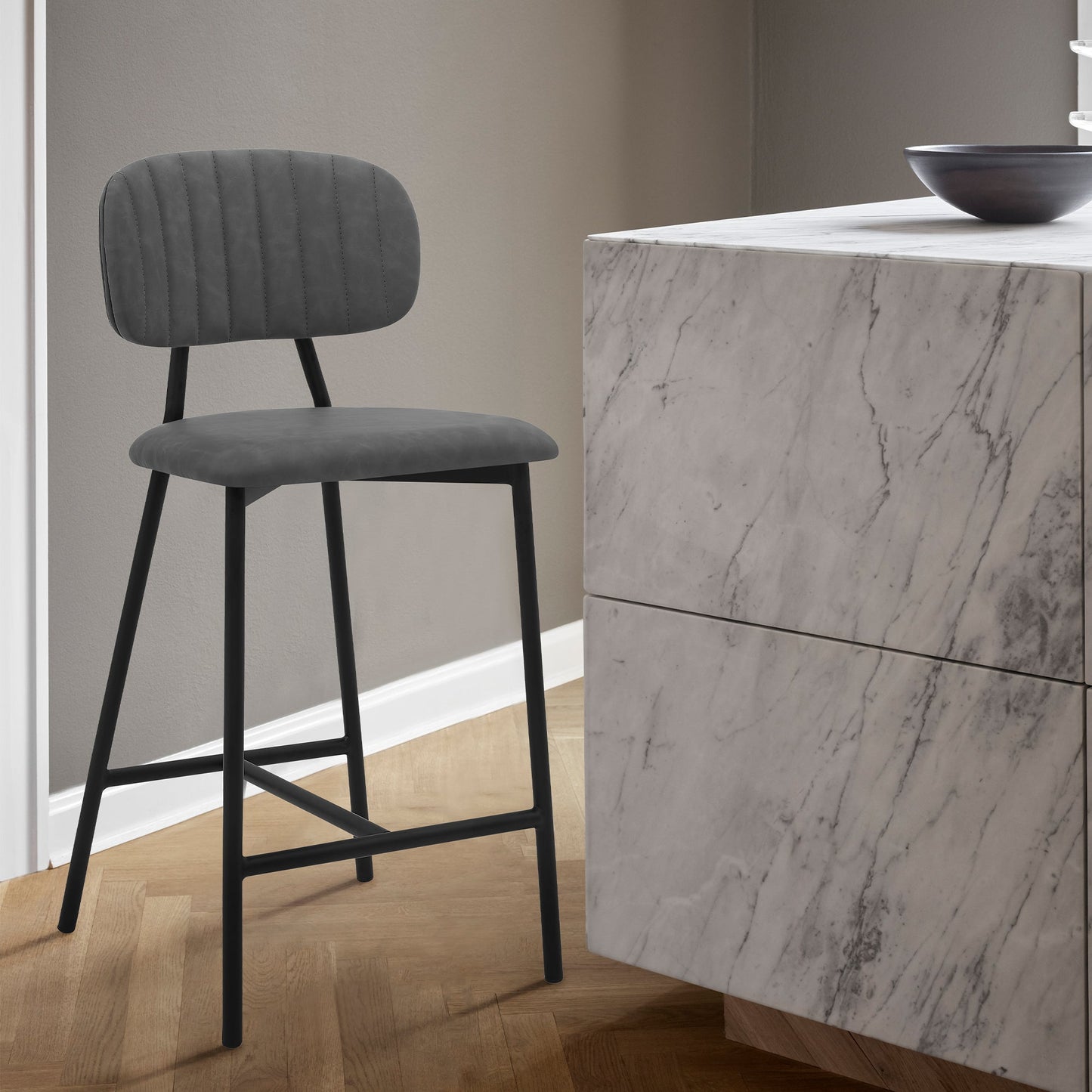 Rococo 26" Gray Faux Leather and Metal Counter Height Bar Stool