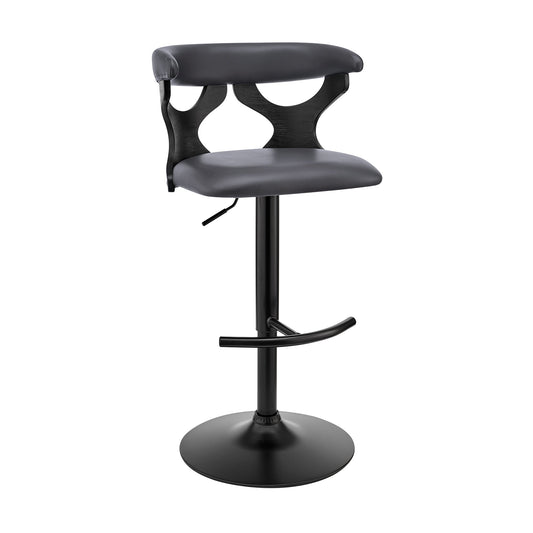 Ruth Adjustable Swivel Gray Faux Leather and Black Wood Bar Stool with Black Base