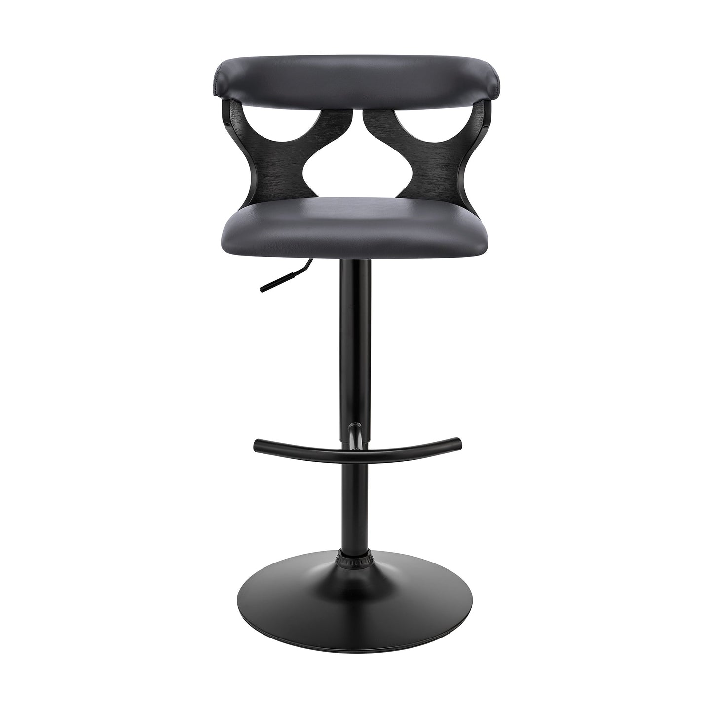 Ruth Adjustable Swivel Gray Faux Leather and Black Wood Bar Stool with Black Base