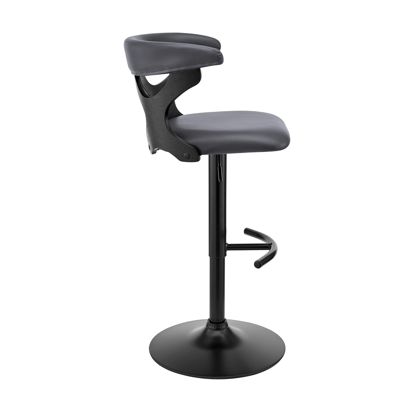 Ruth Adjustable Swivel Gray Faux Leather and Black Wood Bar Stool with Black Base