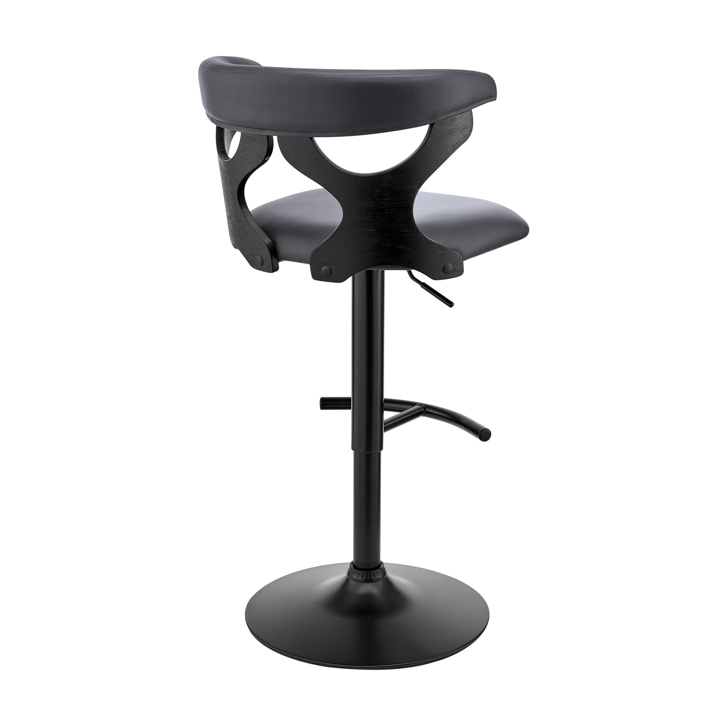 Ruth Adjustable Swivel Gray Faux Leather and Black Wood Bar Stool with Black Base