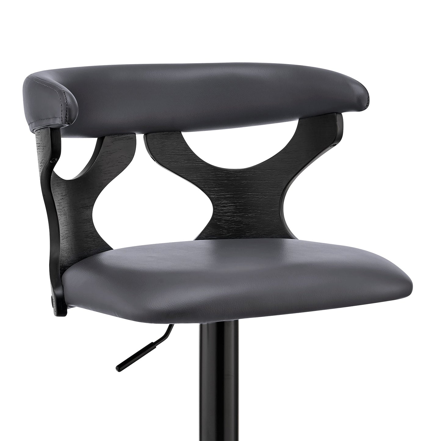 Ruth Adjustable Swivel Gray Faux Leather and Black Wood Bar Stool with Black Base