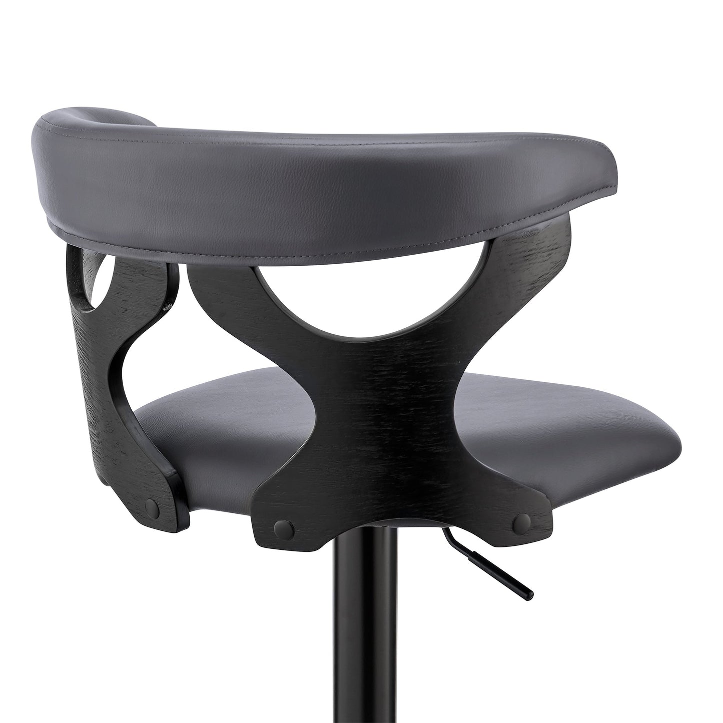 Ruth Adjustable Swivel Gray Faux Leather and Black Wood Bar Stool with Black Base