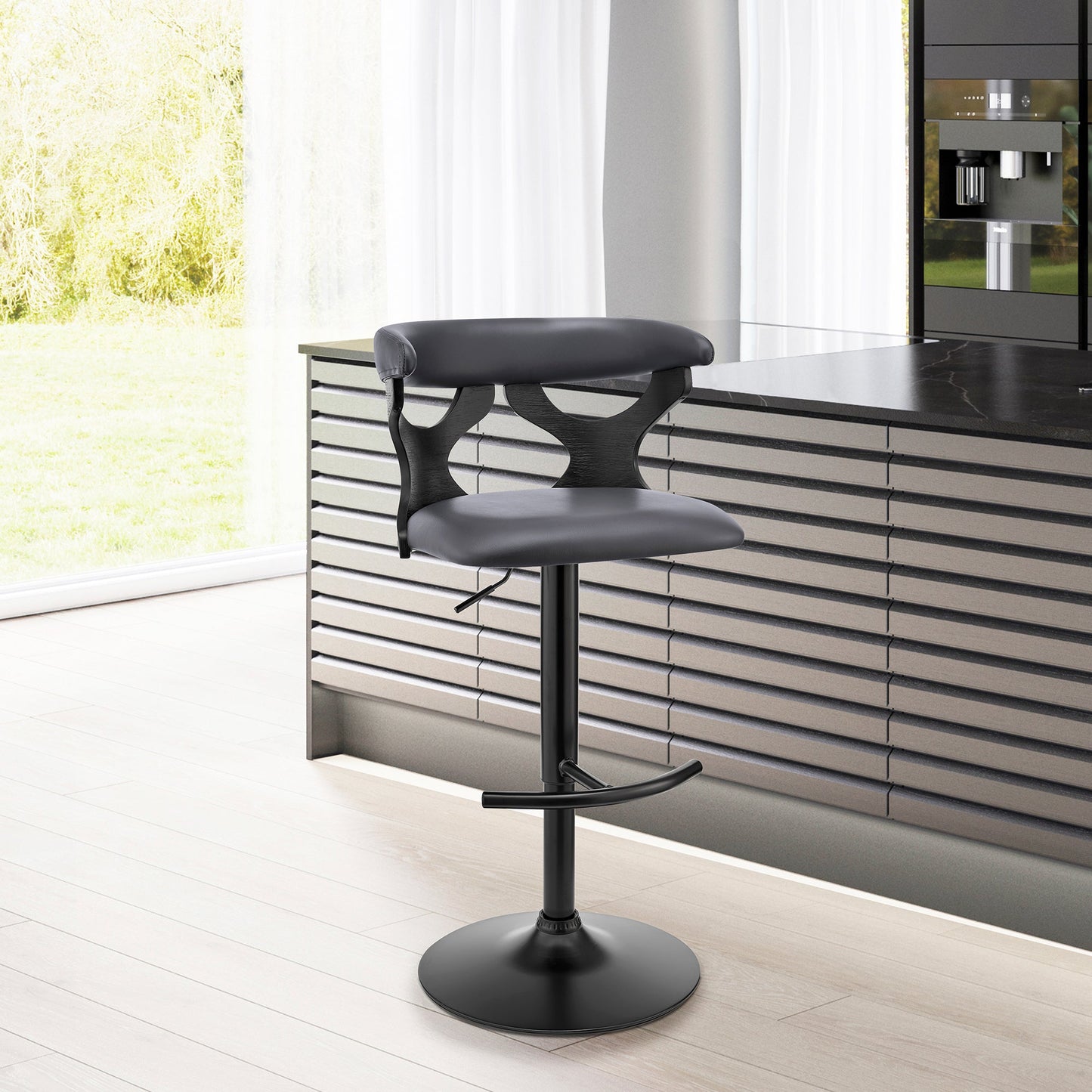 Ruth Adjustable Swivel Gray Faux Leather and Black Wood Bar Stool with Black Base