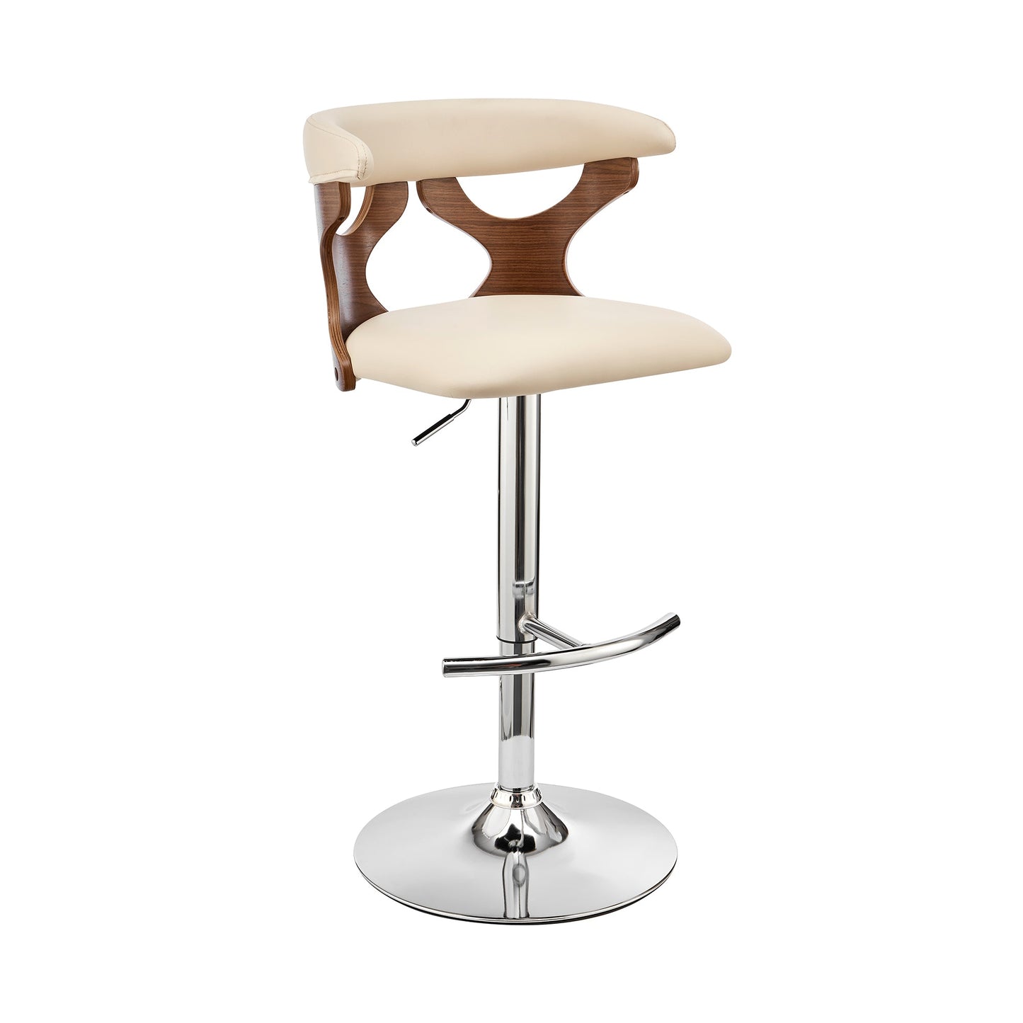 Ruth Adjustable Swivel Cream Faux Leather and Walnut Wood Bar Stool with Chrome Base