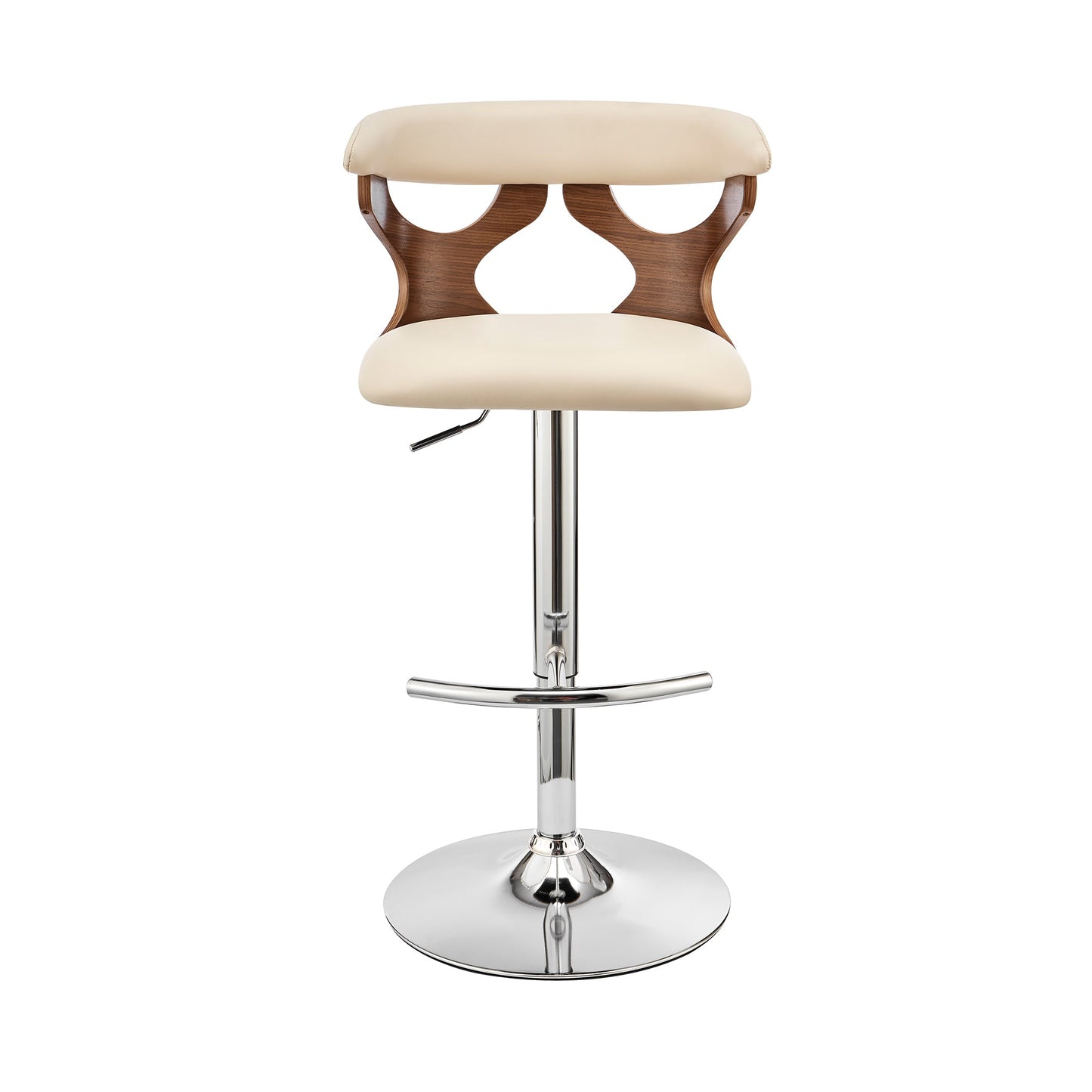 Ruth Adjustable Swivel Cream Faux Leather and Walnut Wood Bar Stool with Chrome Base