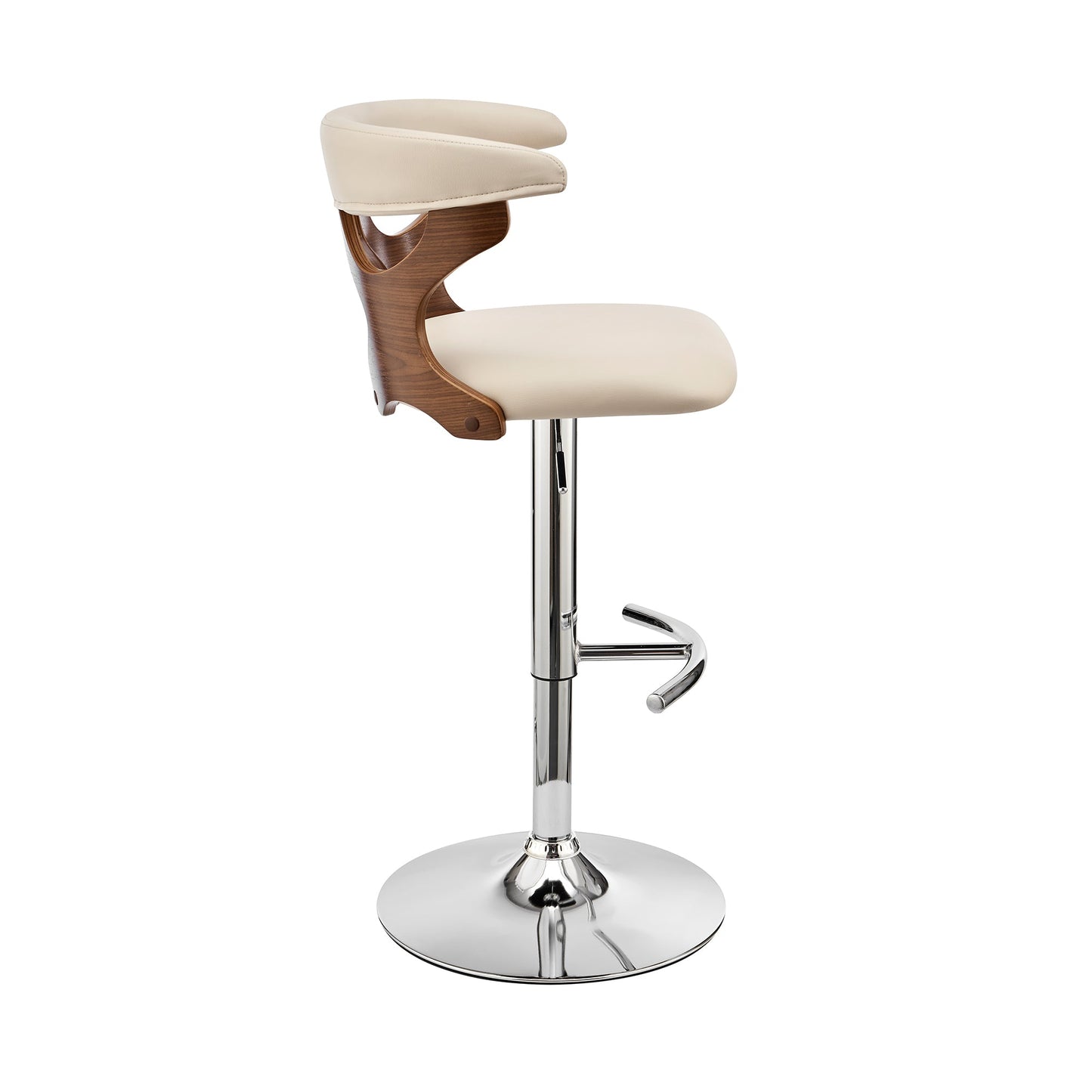 Ruth Adjustable Swivel Cream Faux Leather and Walnut Wood Bar Stool with Chrome Base